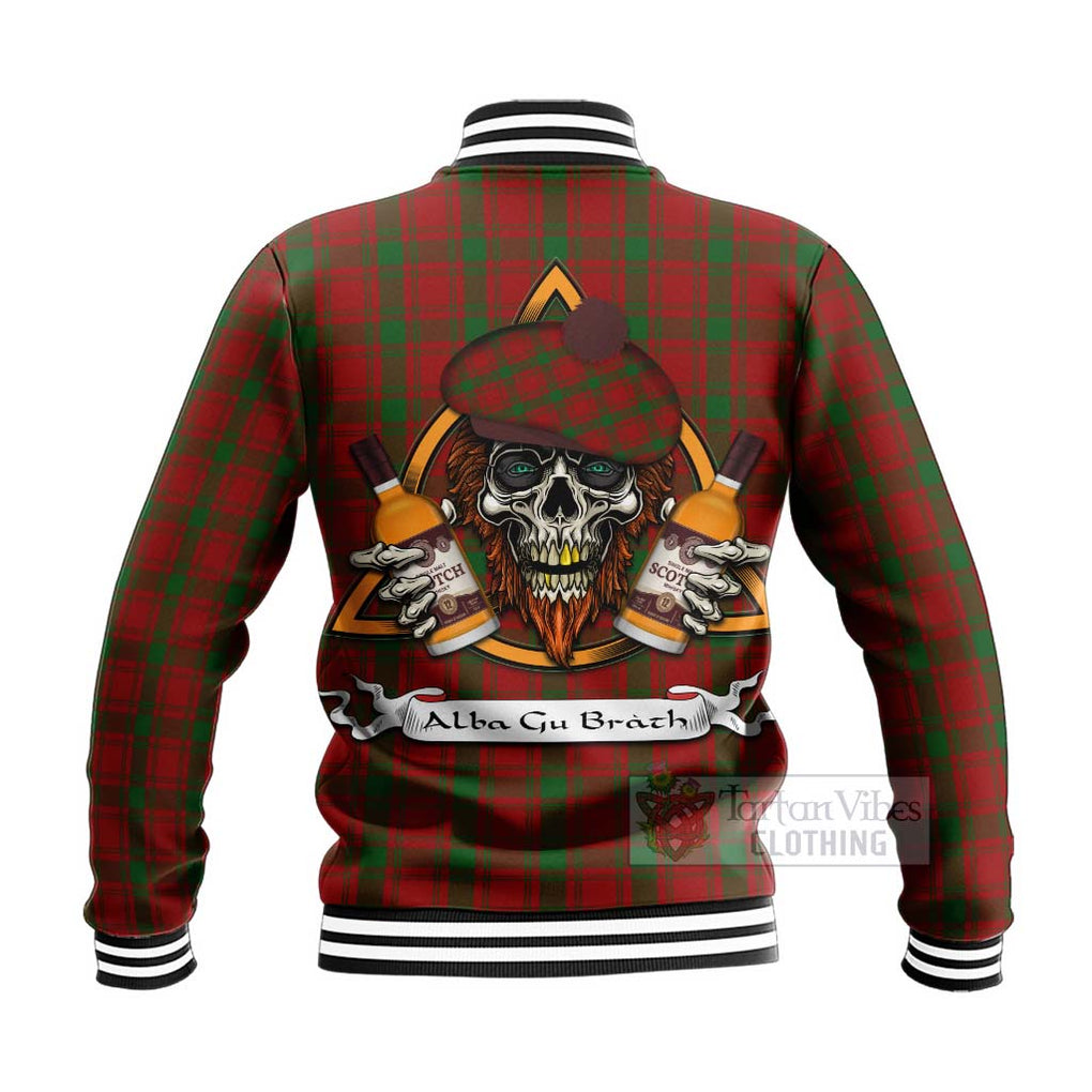 Tartan Vibes Clothing MacQuarrie (McQuarrie) Tartan Baseball Jacket with Family Crest and Bearded Skull Holding Bottles of Whiskey