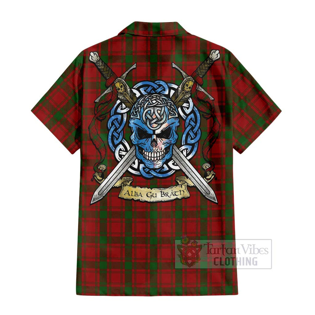 Tartan Vibes Clothing MacQuarrie (McQuarrie) Tartan Short Sleeve Button Shirt with Family Crest Celtic Skull Style