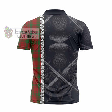 MacQuarrie (McQuarrie) Tartan Zipper Polo Shirt with Family Crest Cross Sword Thistle Celtic Vibes