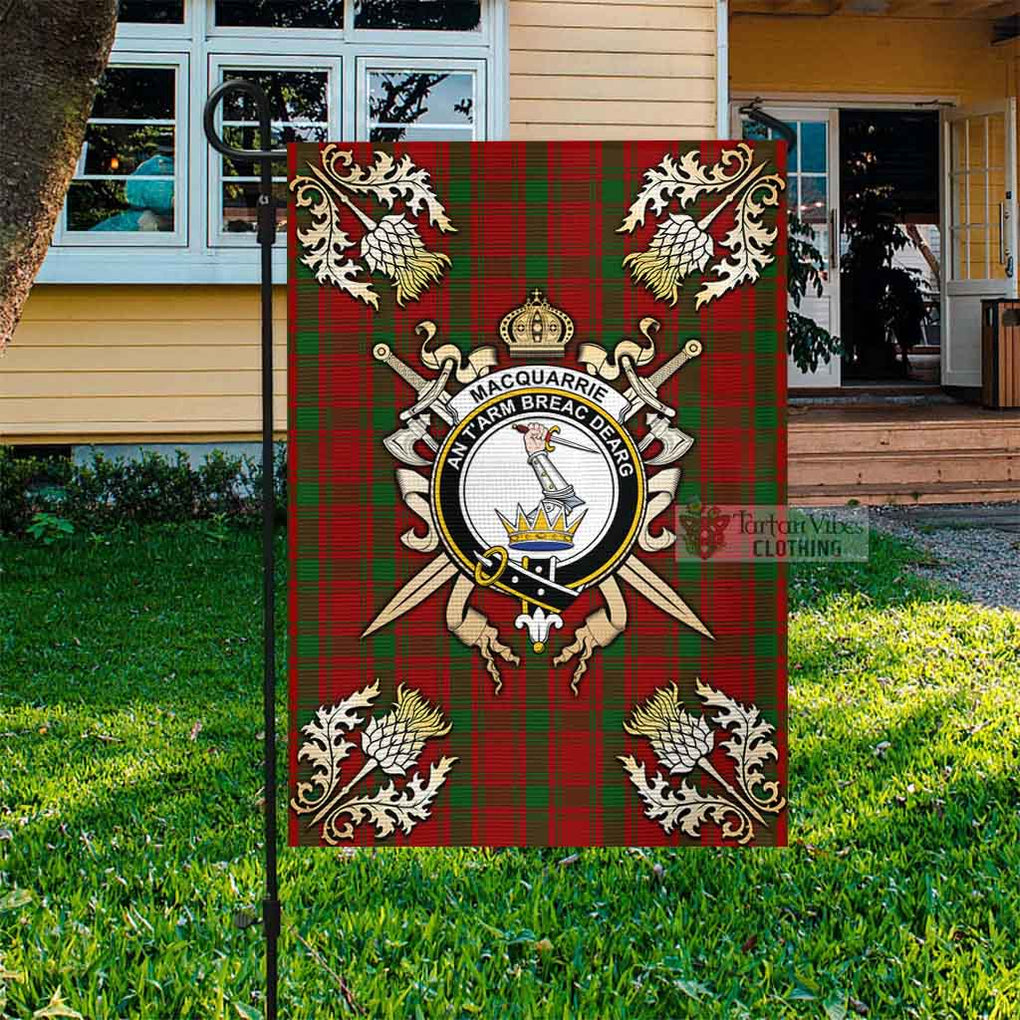 Tartan Vibes Clothing MacQuarrie (McQuarrie) Tartan Flag with Family Crest and Golden Thistle Crossed Sword Design