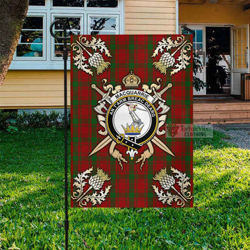 MacQuarrie (McQuarrie) Tartan Flag with Family Crest and Golden Thistle Crossed Sword Design