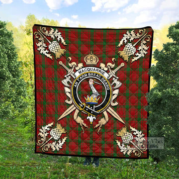 MacQuarrie (McQuarrie) Tartan Quilt with Family Crest and Golden Thistle Crossed Sword Design