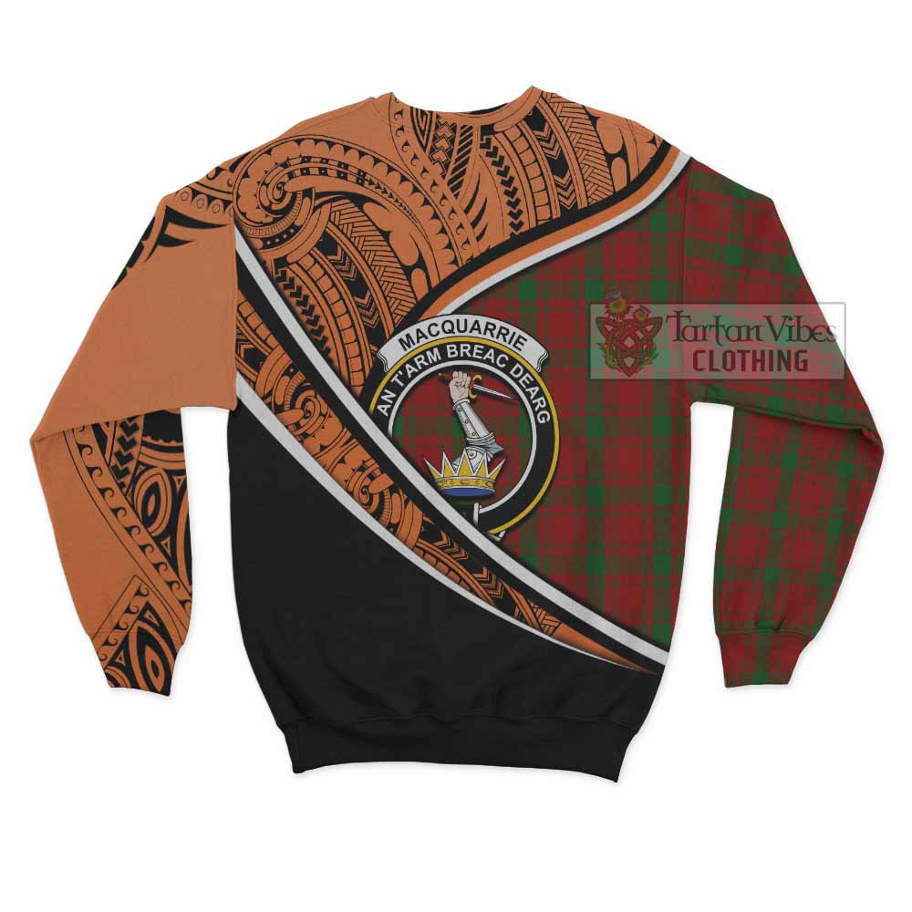 Tartan Vibes Clothing MacQuarrie (McQuarrie) Crest Tartan Sweatshirt with Maori Tattoo Style - Orange Version