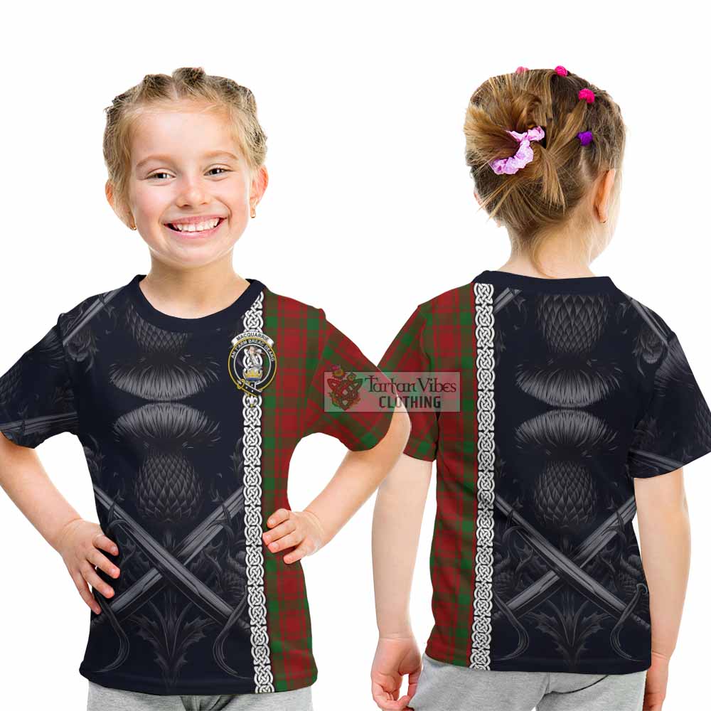 Tartan Vibes Clothing MacQuarrie (McQuarrie) Tartan Kid T-Shirt with Family Crest Cross Sword Thistle Celtic Vibes