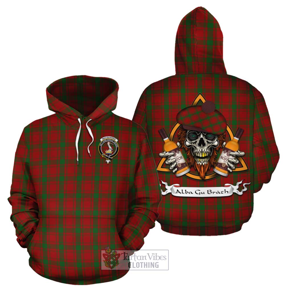 Tartan Vibes Clothing MacQuarrie (McQuarrie) Tartan Cotton Hoodie with Family Crest and Bearded Skull Holding Bottles of Whiskey