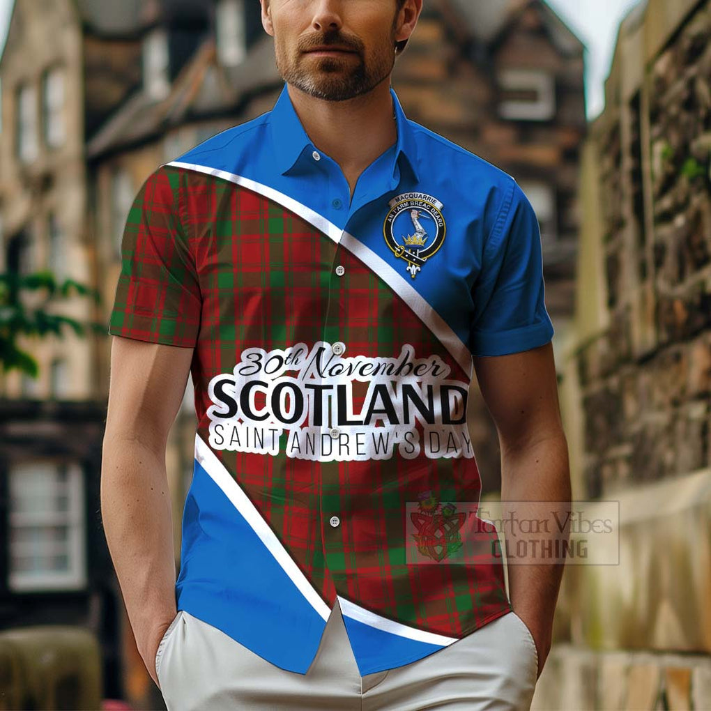 Tartan Vibes Clothing MacQuarrie (McQuarrie) Family Crest Tartan Short Sleeve Button Shirt Celebrate Saint Andrew's Day in Style