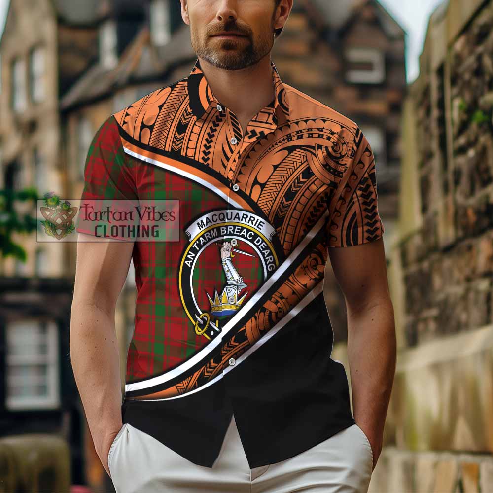 Tartan Vibes Clothing MacQuarrie (McQuarrie) Crest Tartan Short Sleeve Button Shirt with Maori Tattoo Style - Orange Version