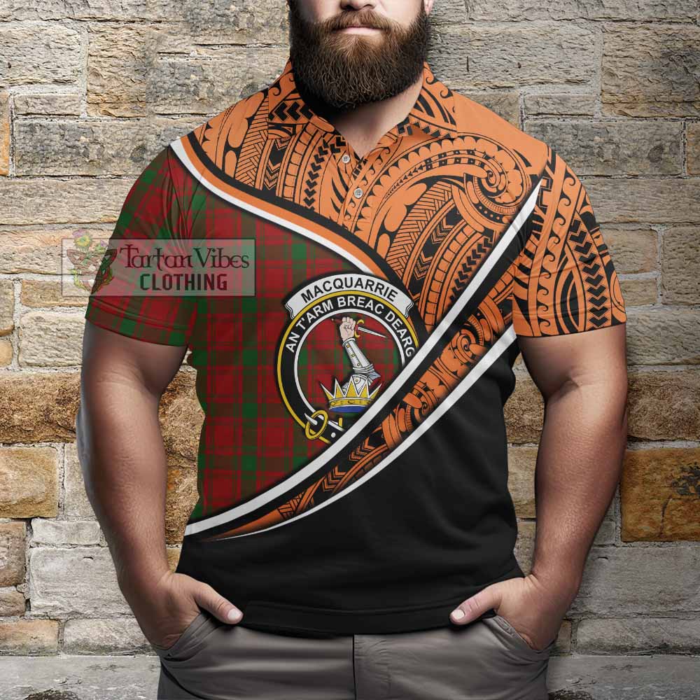 Tartan Vibes Clothing MacQuarrie (McQuarrie) Crest Tartan Polo Shirt with Maori Tattoo Style - Orange Version