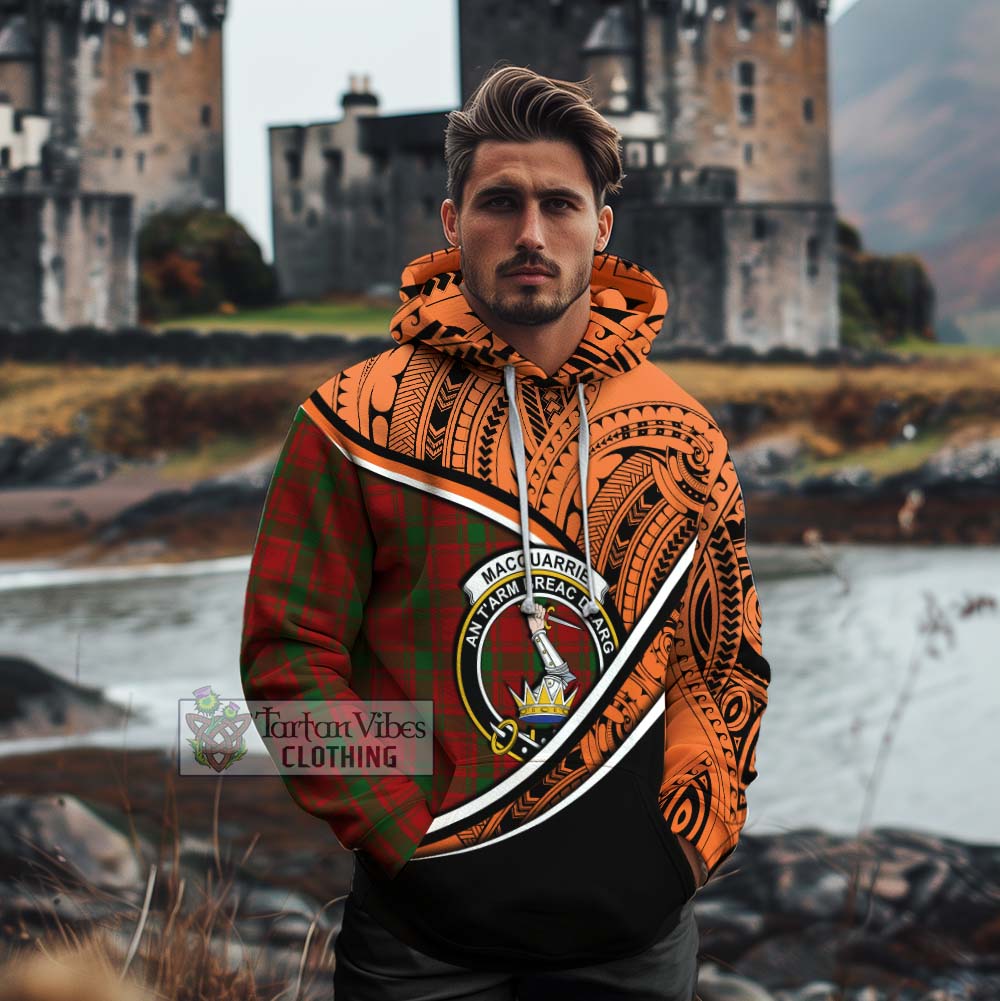 Tartan Vibes Clothing MacQuarrie (McQuarrie) Crest Tartan Cotton Hoodie with Maori Tattoo Style - Orange Version