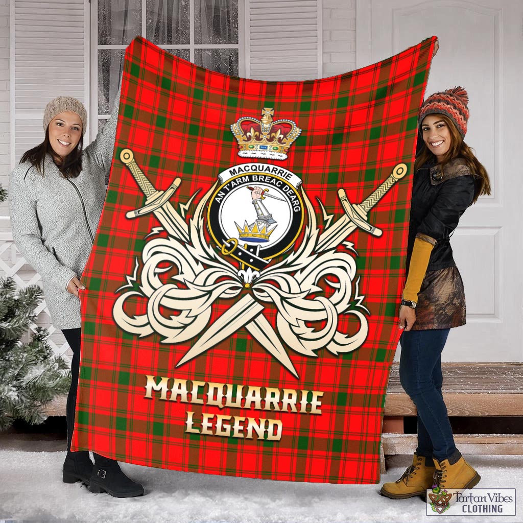 Tartan Vibes Clothing MacQuarrie Modern Tartan Blanket with Clan Crest and the Golden Sword of Courageous Legacy