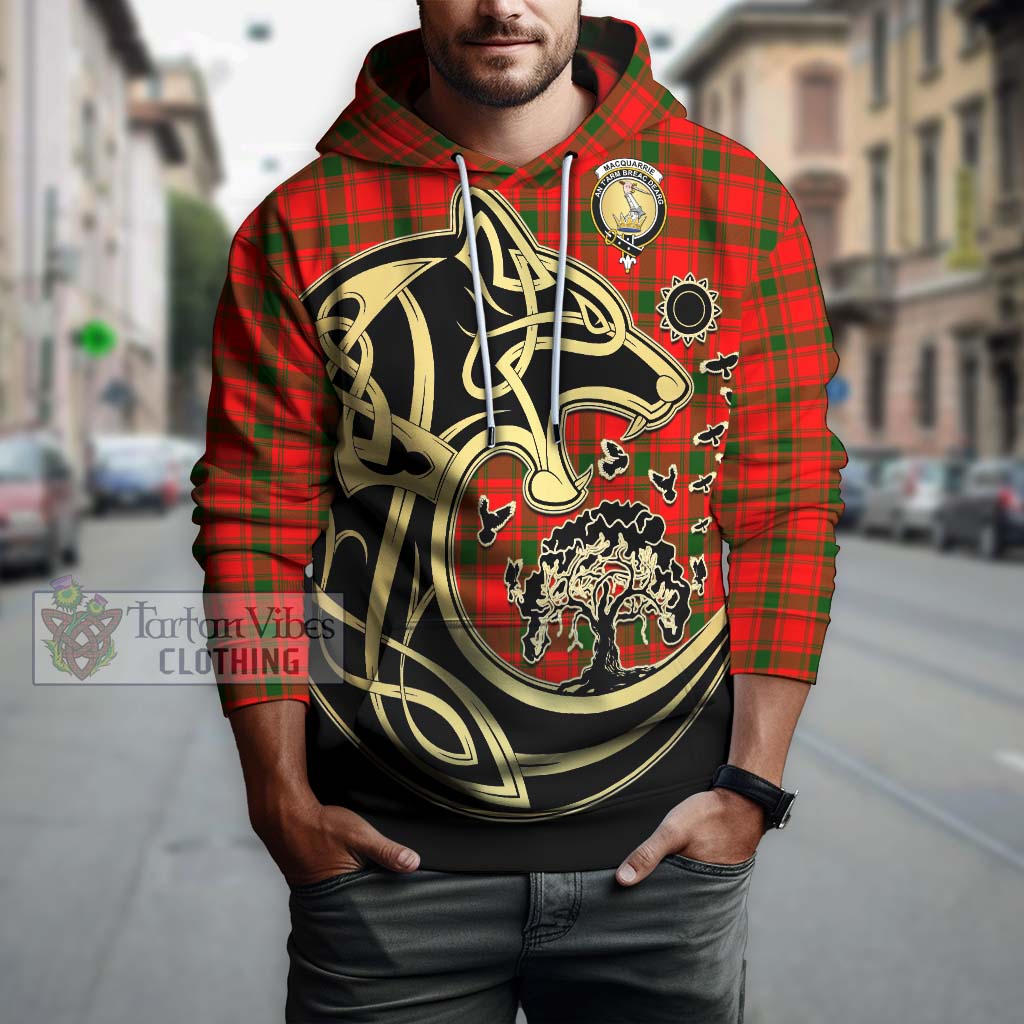 Tartan Vibes Clothing MacQuarrie Modern Tartan Hoodie with Family Crest Celtic Wolf Style