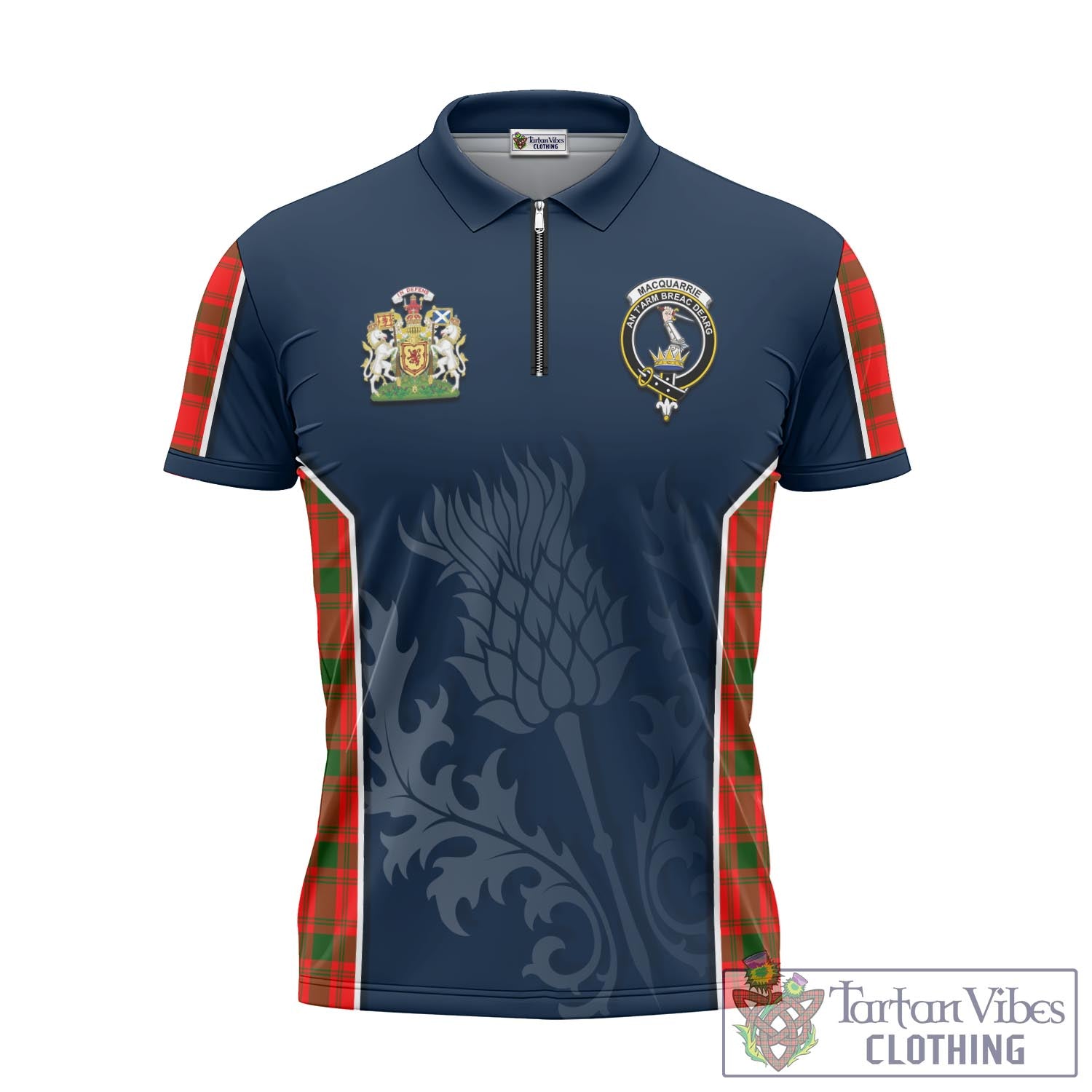 Tartan Vibes Clothing MacQuarrie Modern Tartan Zipper Polo Shirt with Family Crest and Scottish Thistle Vibes Sport Style