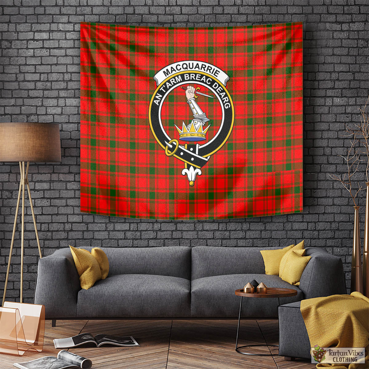 Tartan Vibes Clothing MacQuarrie Modern Tartan Tapestry Wall Hanging and Home Decor for Room with Family Crest