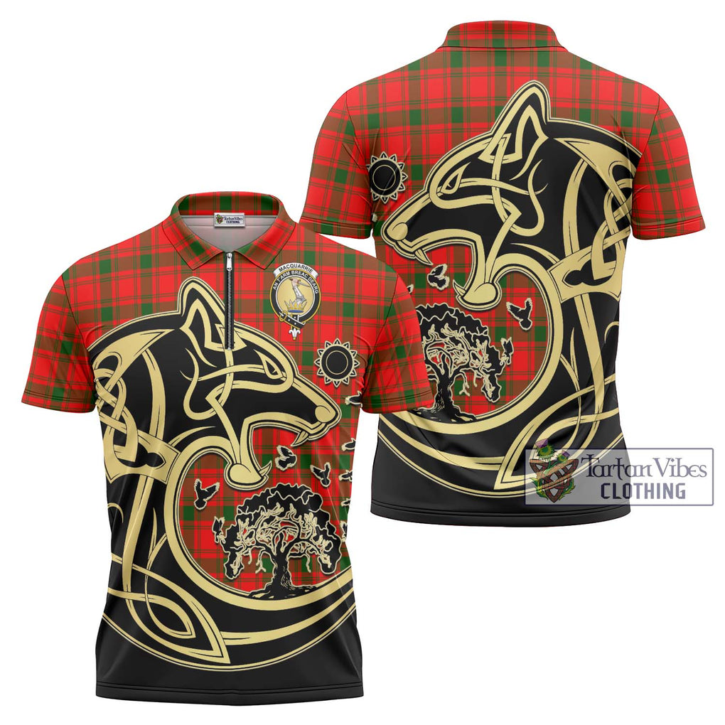 MacQuarrie Modern Tartan Zipper Polo Shirt with Family Crest Celtic Wolf Style Unisex - Tartanvibesclothing Shop