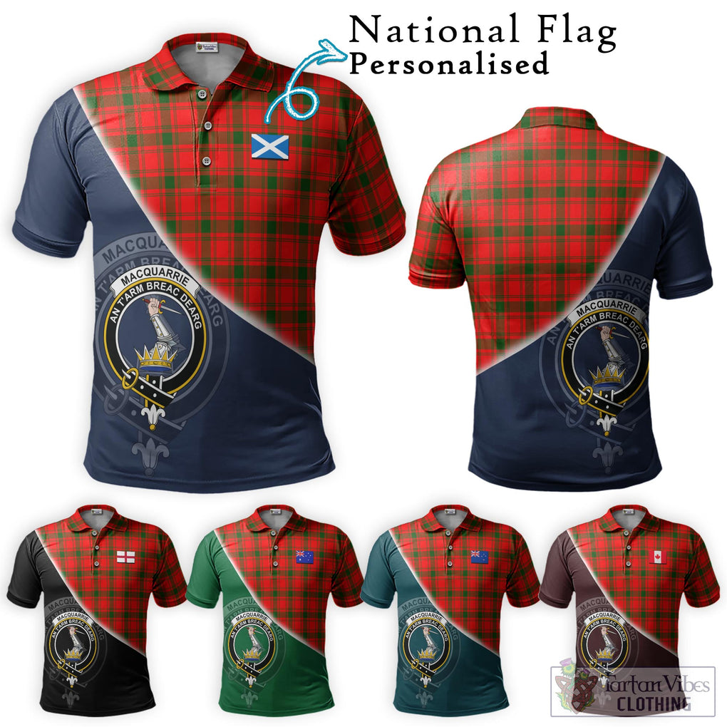 MacQuarrie Modern Tartan Polo Shirt with Personalised National Flag and Family Crest Half Style Maroon - Tartanvibesclothing Shop