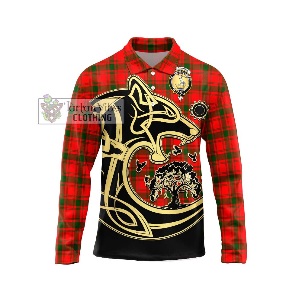 MacQuarrie Modern Tartan Long Sleeve Polo Shirt with Family Crest Celtic Wolf Style Unisex - Tartanvibesclothing Shop