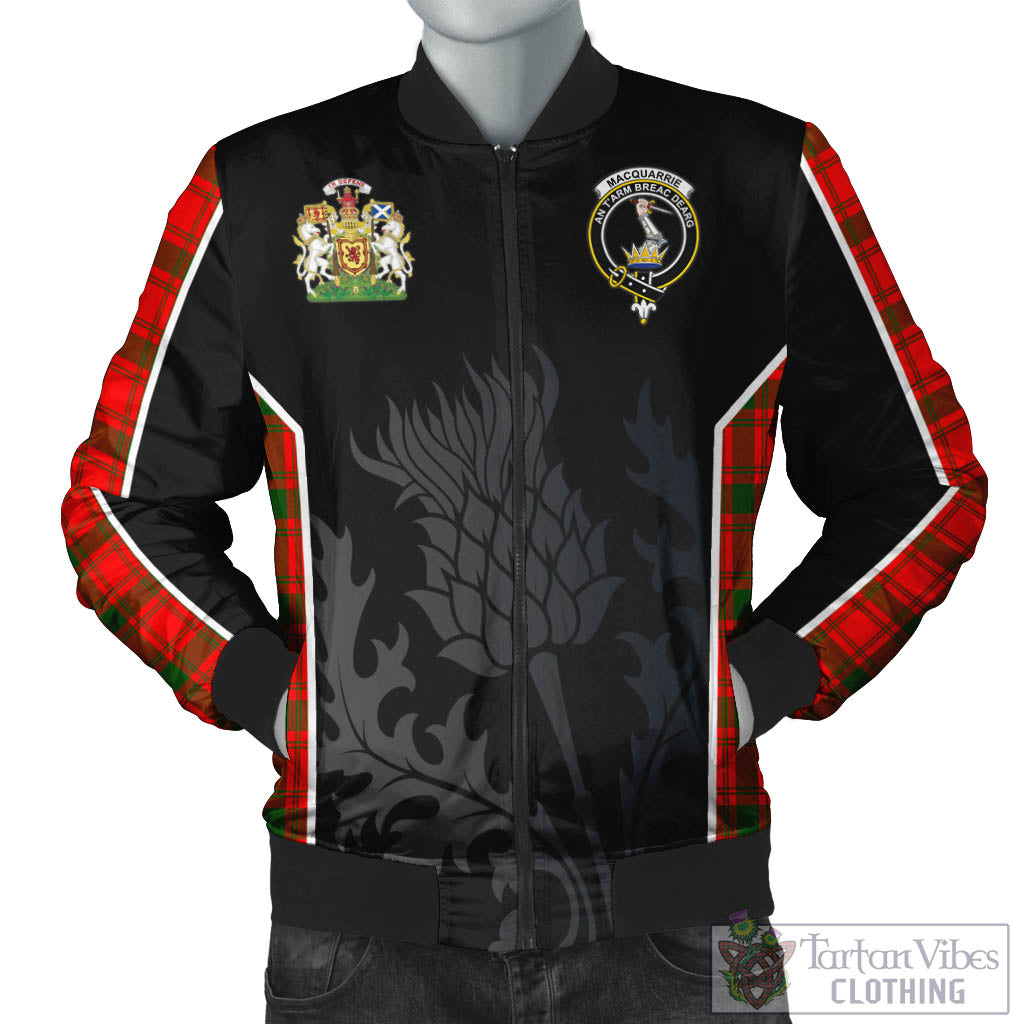 Tartan Vibes Clothing MacQuarrie Modern Tartan Bomber Jacket with Family Crest and Scottish Thistle Vibes Sport Style