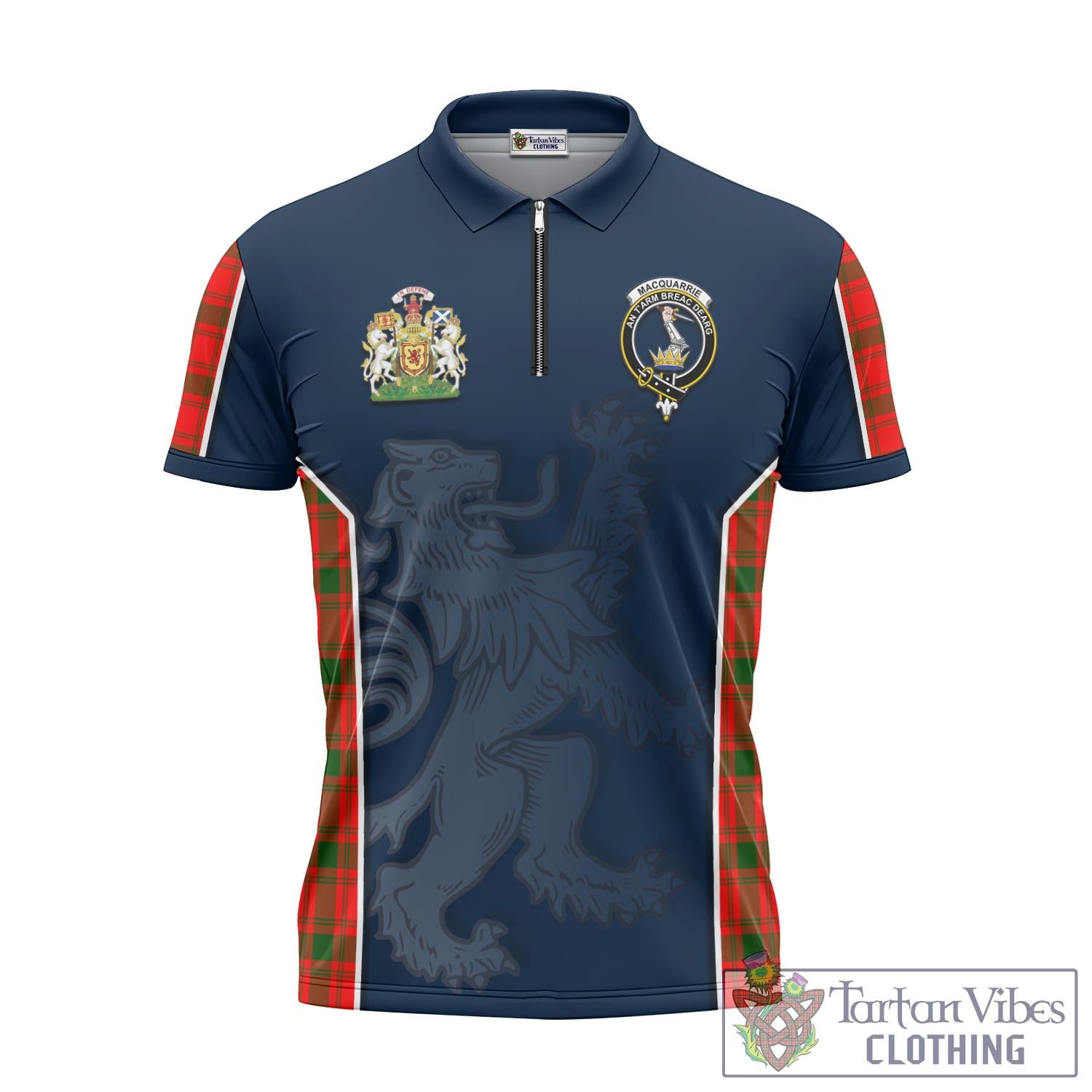 Tartan Vibes Clothing MacQuarrie Modern Tartan Zipper Polo Shirt with Family Crest and Lion Rampant Vibes Sport Style