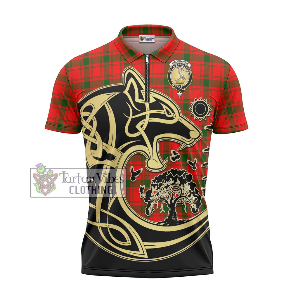 MacQuarrie Modern Tartan Zipper Polo Shirt with Family Crest Celtic Wolf Style - Tartanvibesclothing Shop