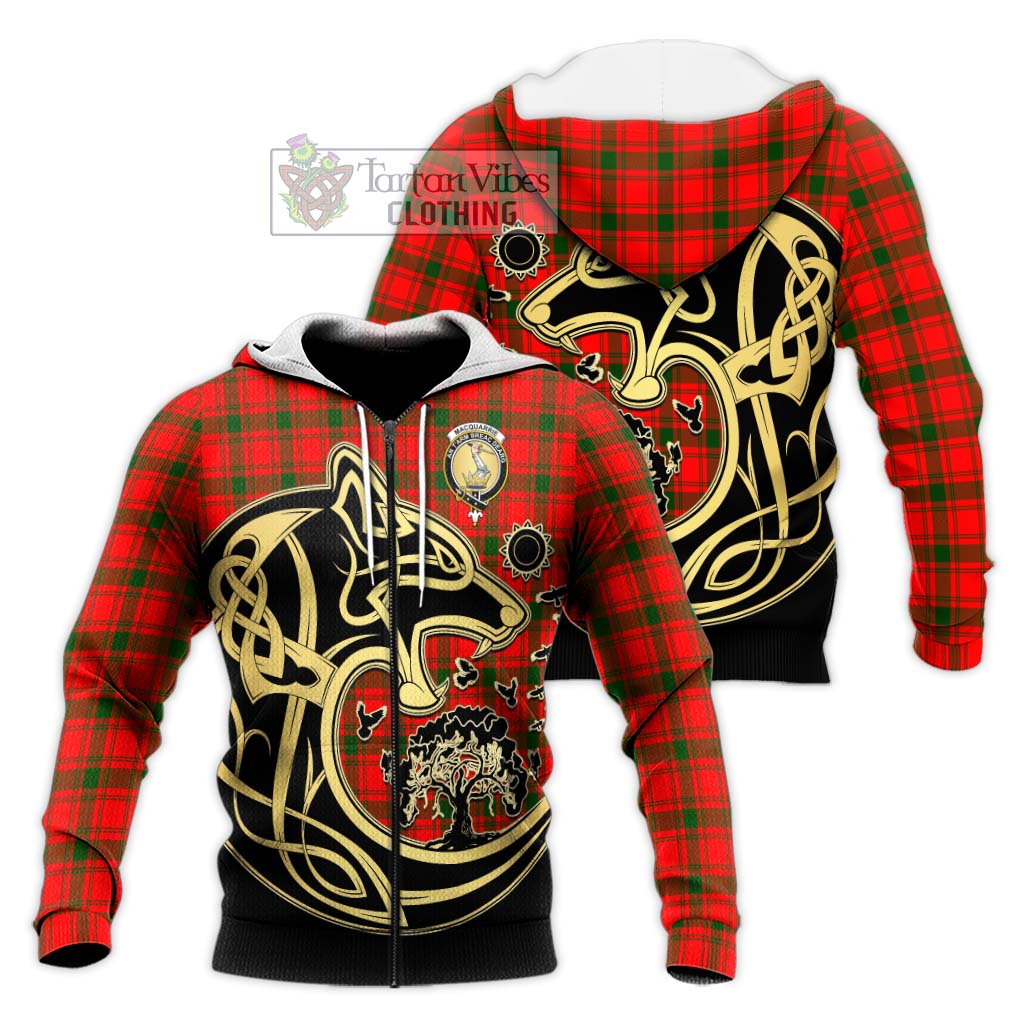 Tartan Vibes Clothing MacQuarrie Modern Tartan Knitted Hoodie with Family Crest Celtic Wolf Style
