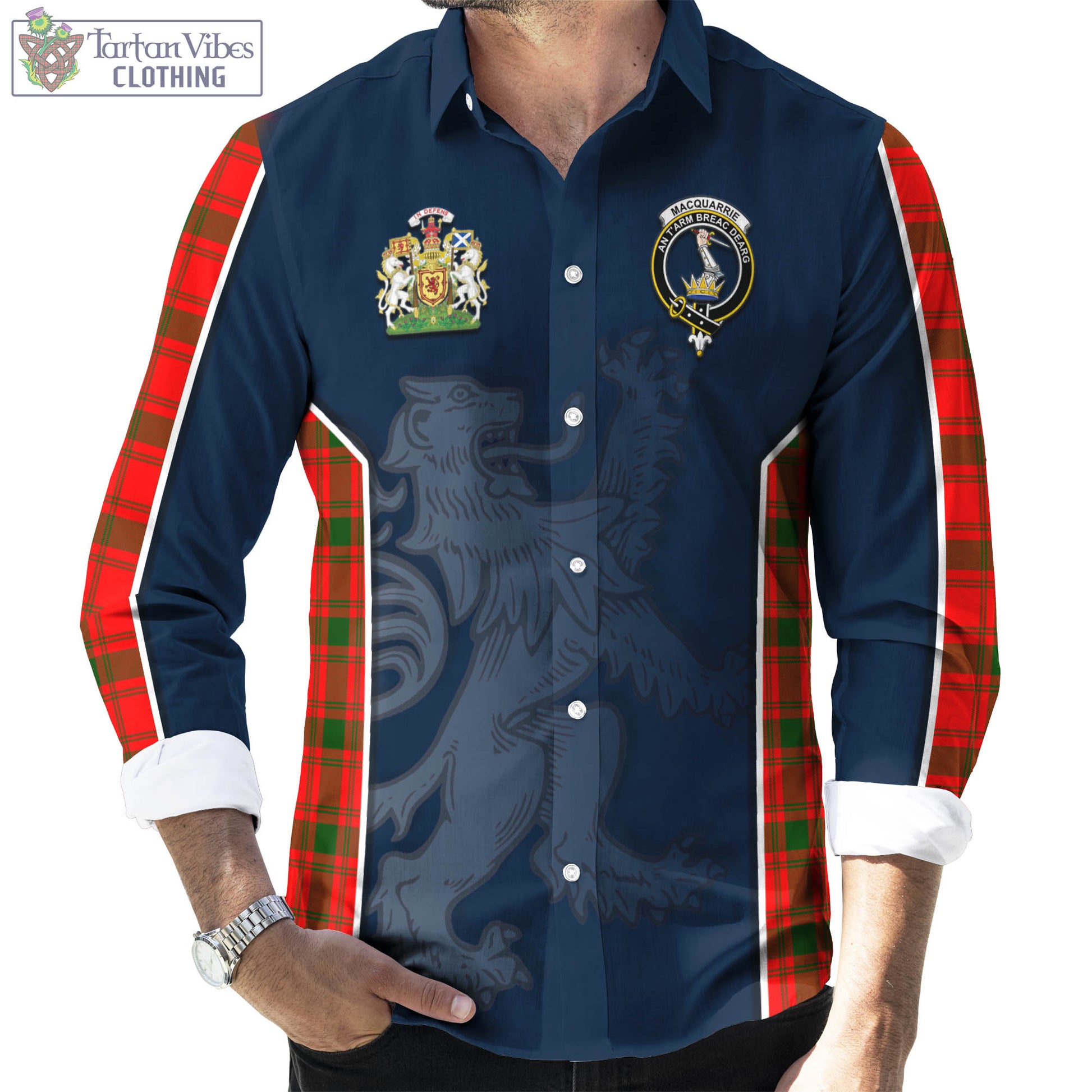 Tartan Vibes Clothing MacQuarrie Modern Tartan Long Sleeve Button Up Shirt with Family Crest and Lion Rampant Vibes Sport Style