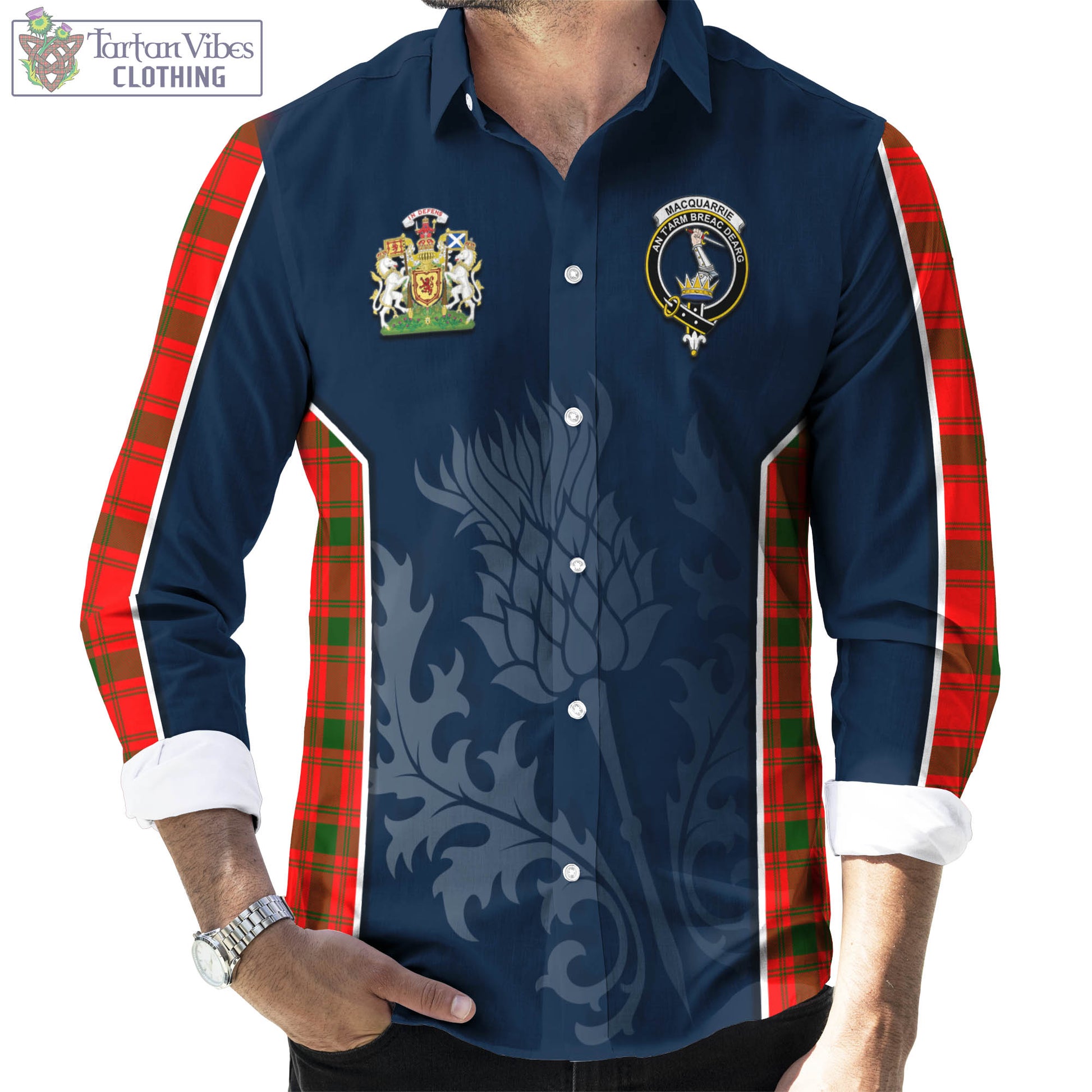 Tartan Vibes Clothing MacQuarrie Modern Tartan Long Sleeve Button Up Shirt with Family Crest and Scottish Thistle Vibes Sport Style