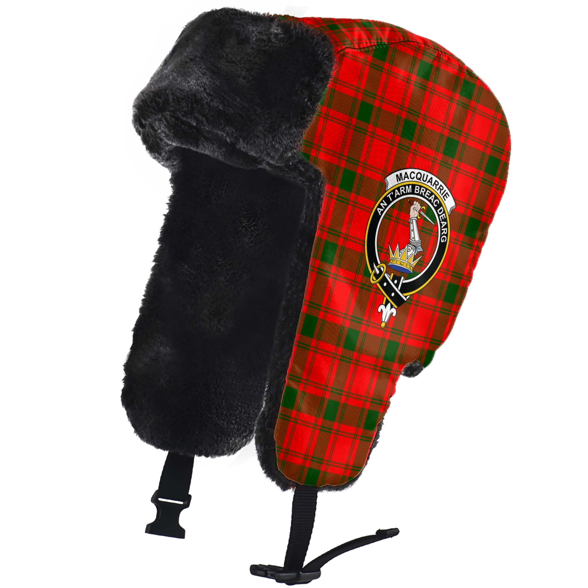 MacQuarrie Modern Tartan Winter Trapper Hat with Family Crest - Tartanvibesclothing