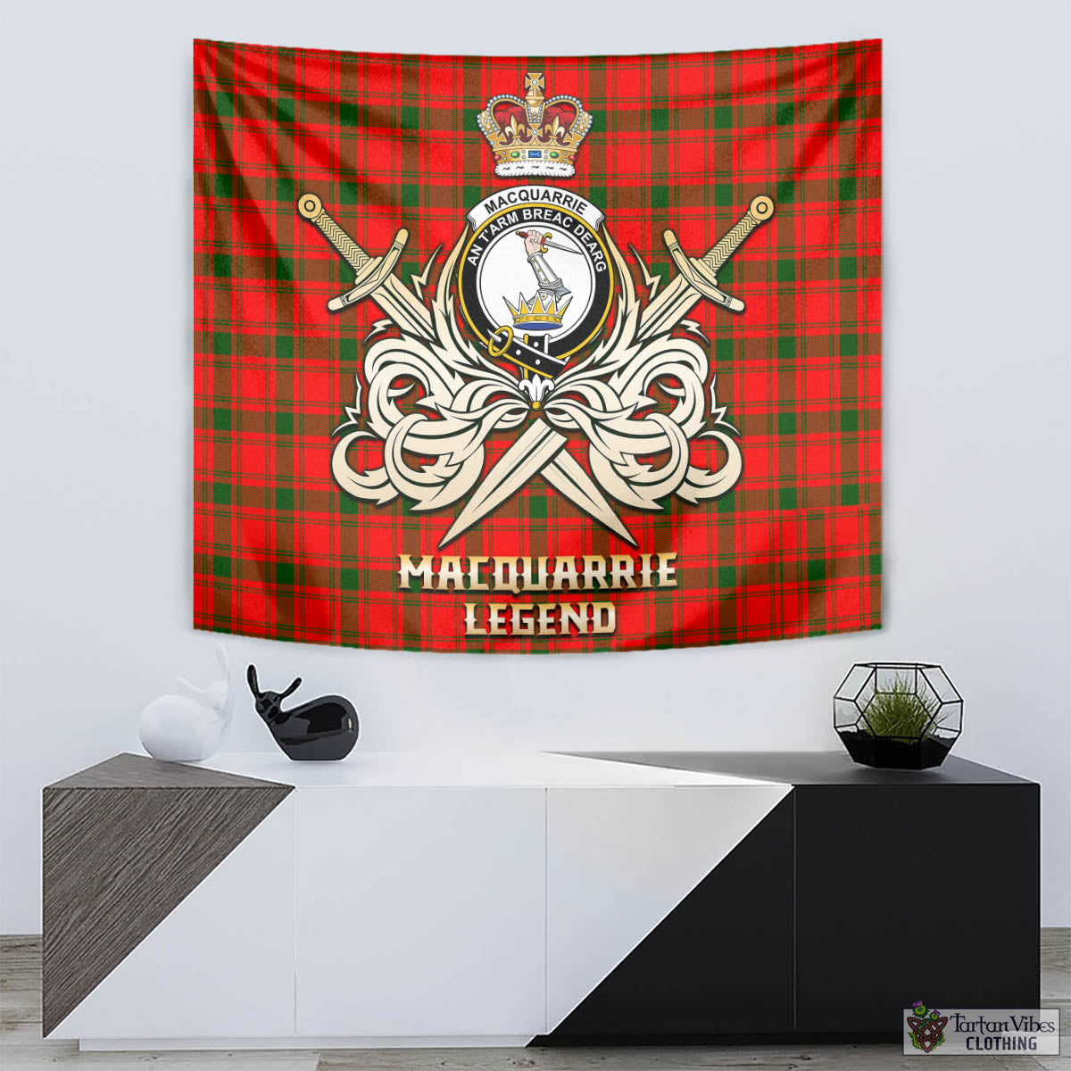 Tartan Vibes Clothing MacQuarrie Modern Tartan Tapestry with Clan Crest and the Golden Sword of Courageous Legacy