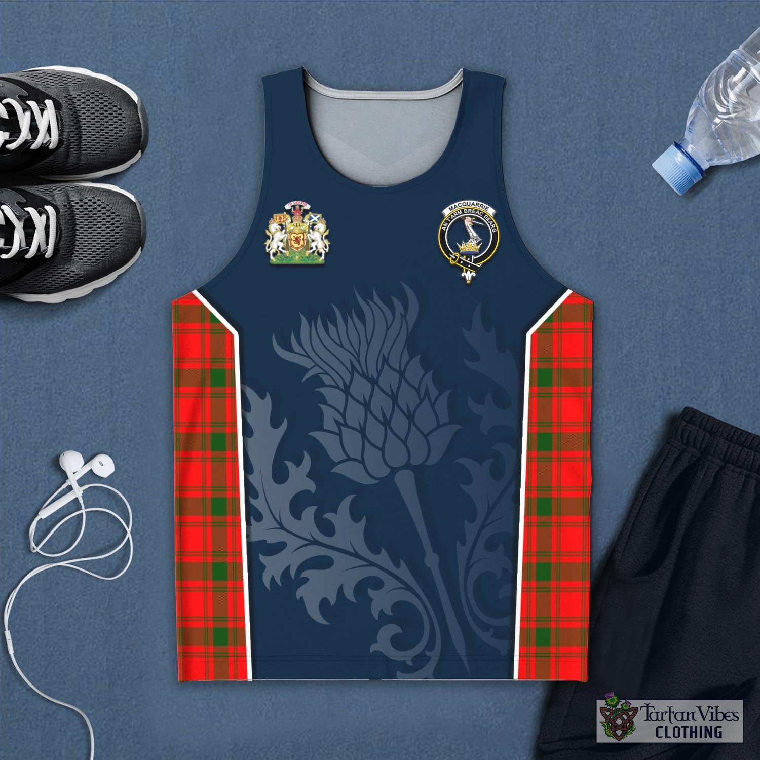 Tartan Vibes Clothing MacQuarrie Modern Tartan Men's Tanks Top with Family Crest and Scottish Thistle Vibes Sport Style