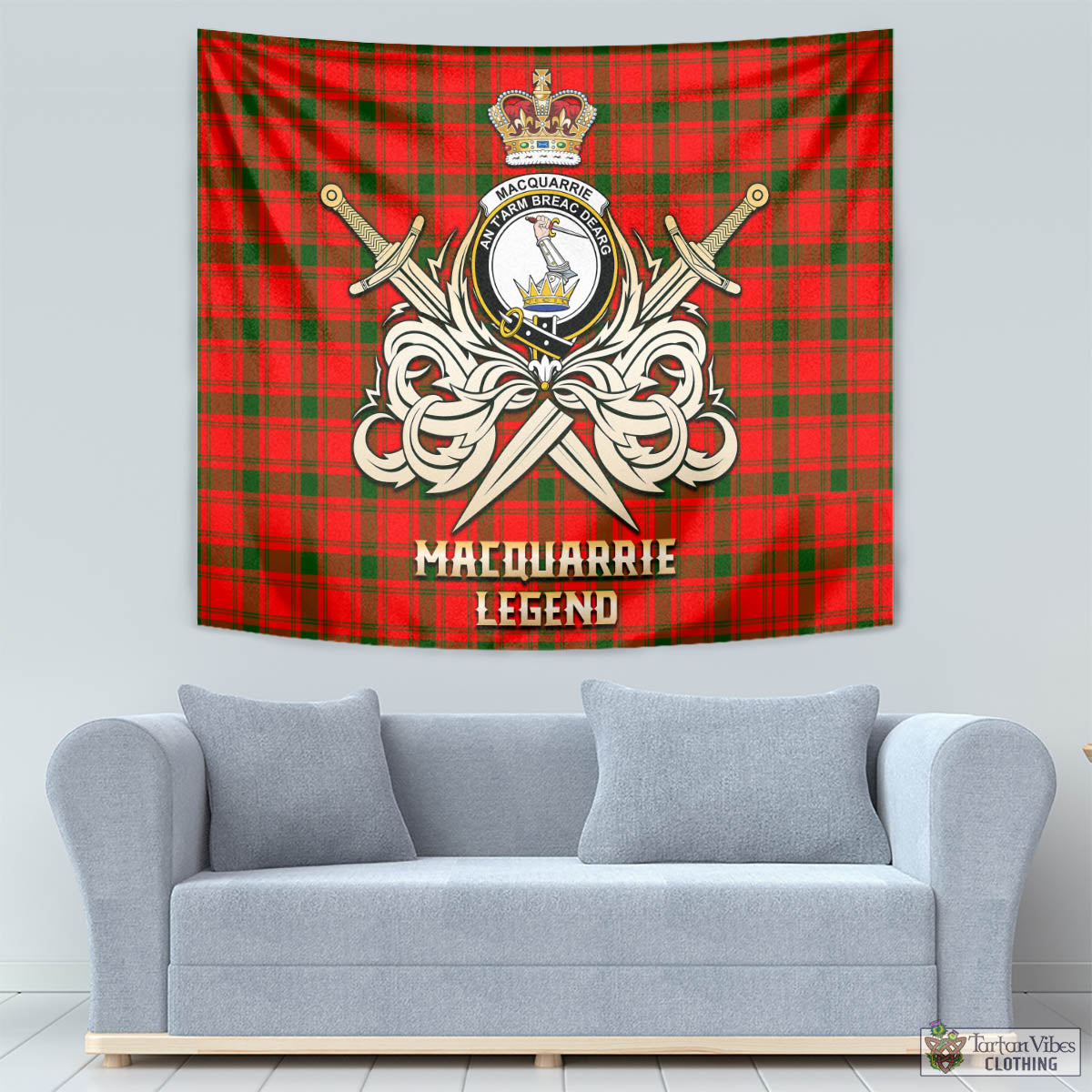 Tartan Vibes Clothing MacQuarrie Modern Tartan Tapestry with Clan Crest and the Golden Sword of Courageous Legacy