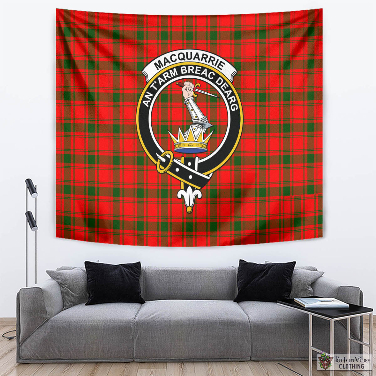 Tartan Vibes Clothing MacQuarrie Modern Tartan Tapestry Wall Hanging and Home Decor for Room with Family Crest