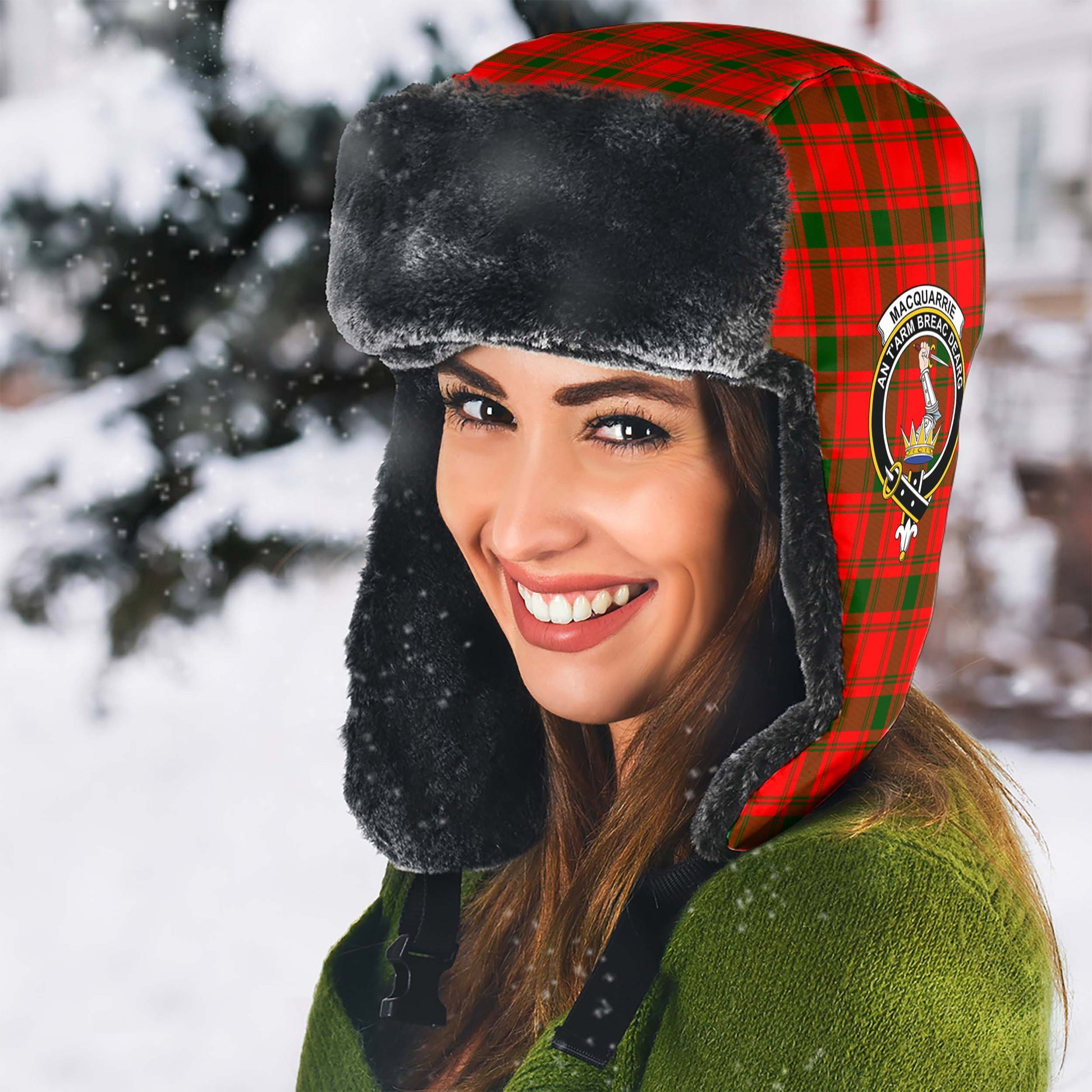 MacQuarrie Modern Tartan Winter Trapper Hat with Family Crest - Tartanvibesclothing