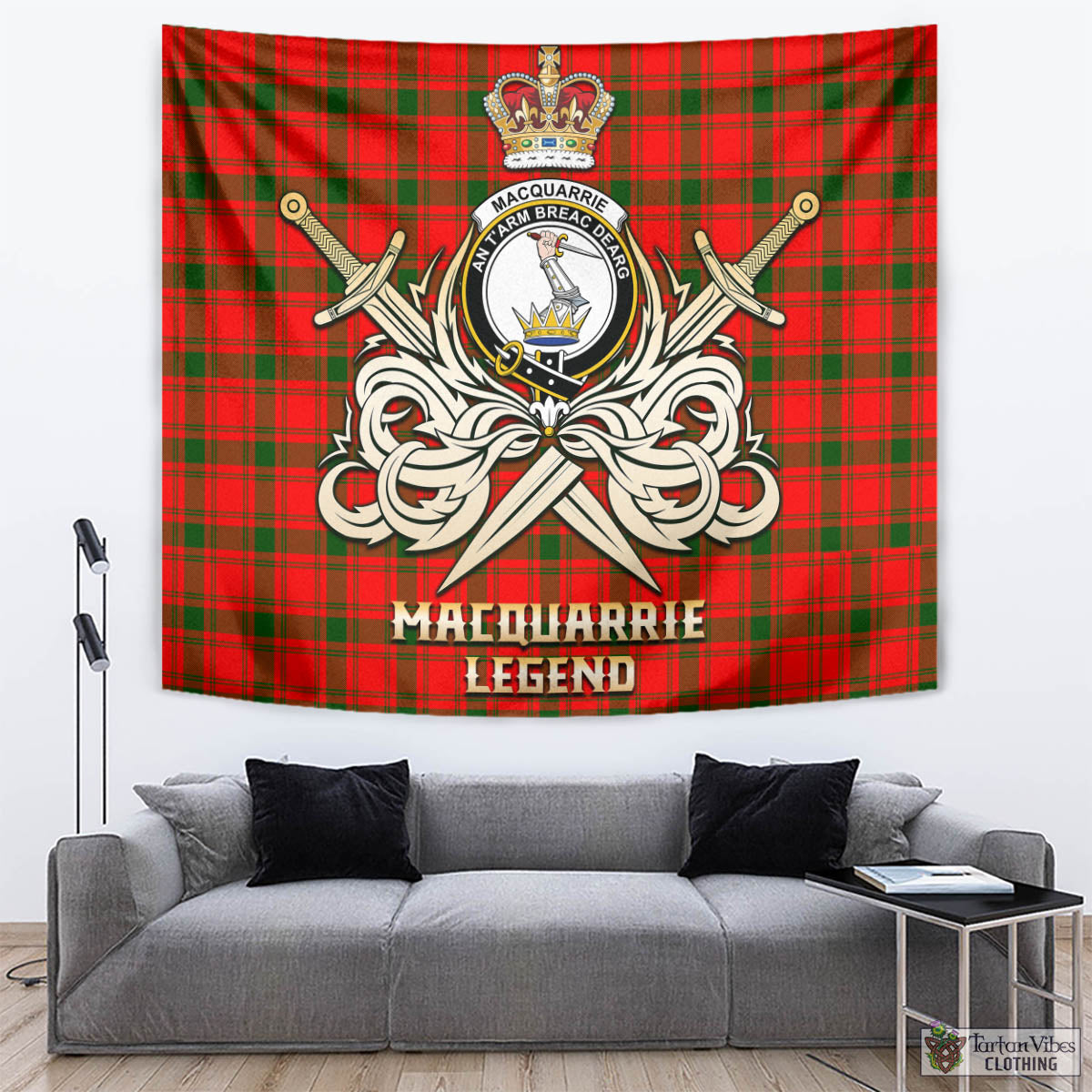 Tartan Vibes Clothing MacQuarrie Modern Tartan Tapestry with Clan Crest and the Golden Sword of Courageous Legacy