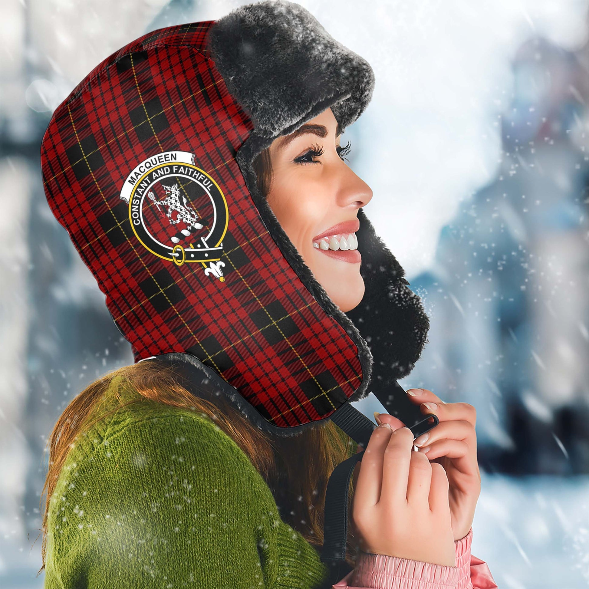 MacQueen Tartan Winter Trapper Hat with Family Crest Winter Trapper Hat Universal Fit Circumference 22.8in (58cm) - Tartanvibesclothing