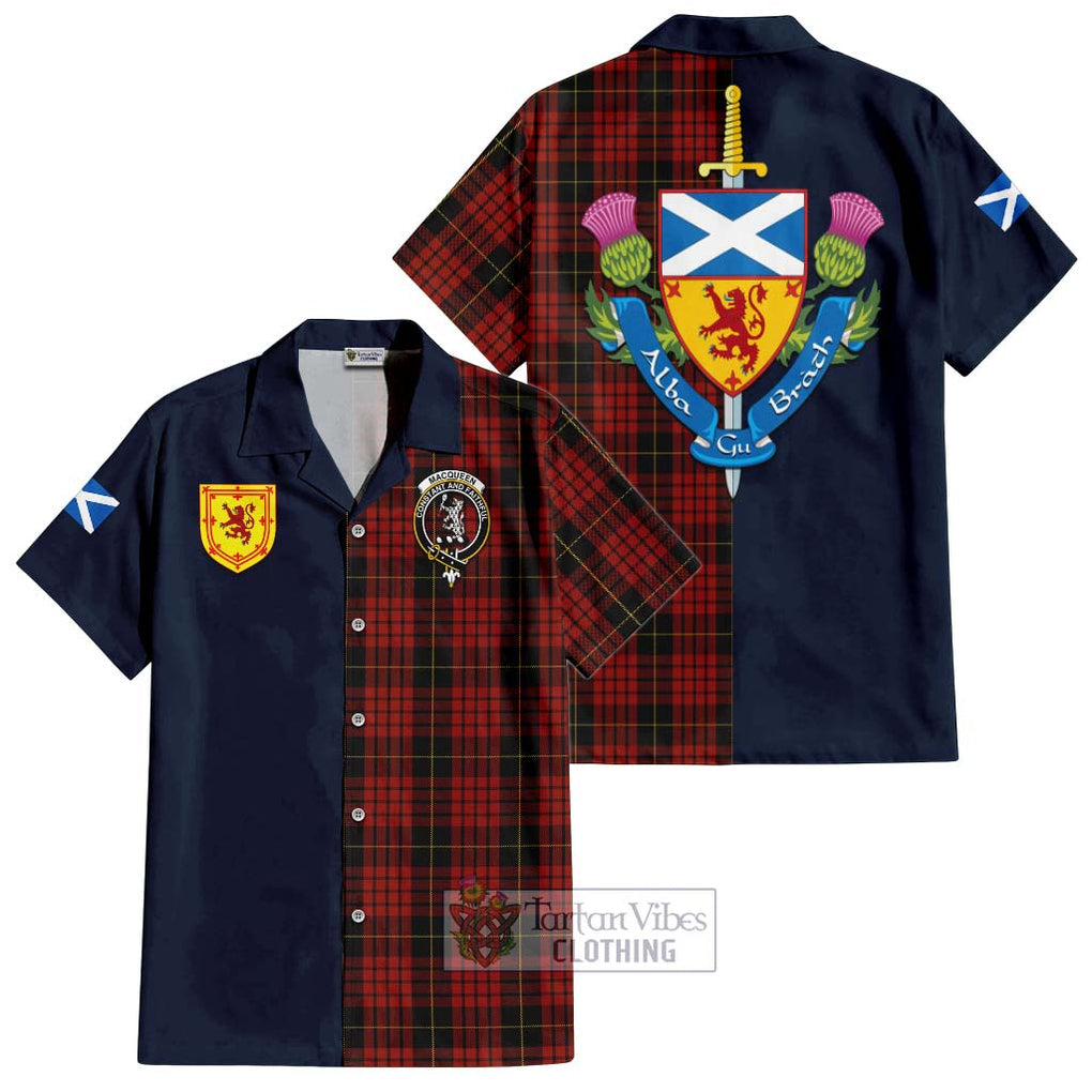 Tartan Vibes Clothing MacQueen Tartan Short Sleeve Button Shirt with Scottish Lion Royal Arm Half Style