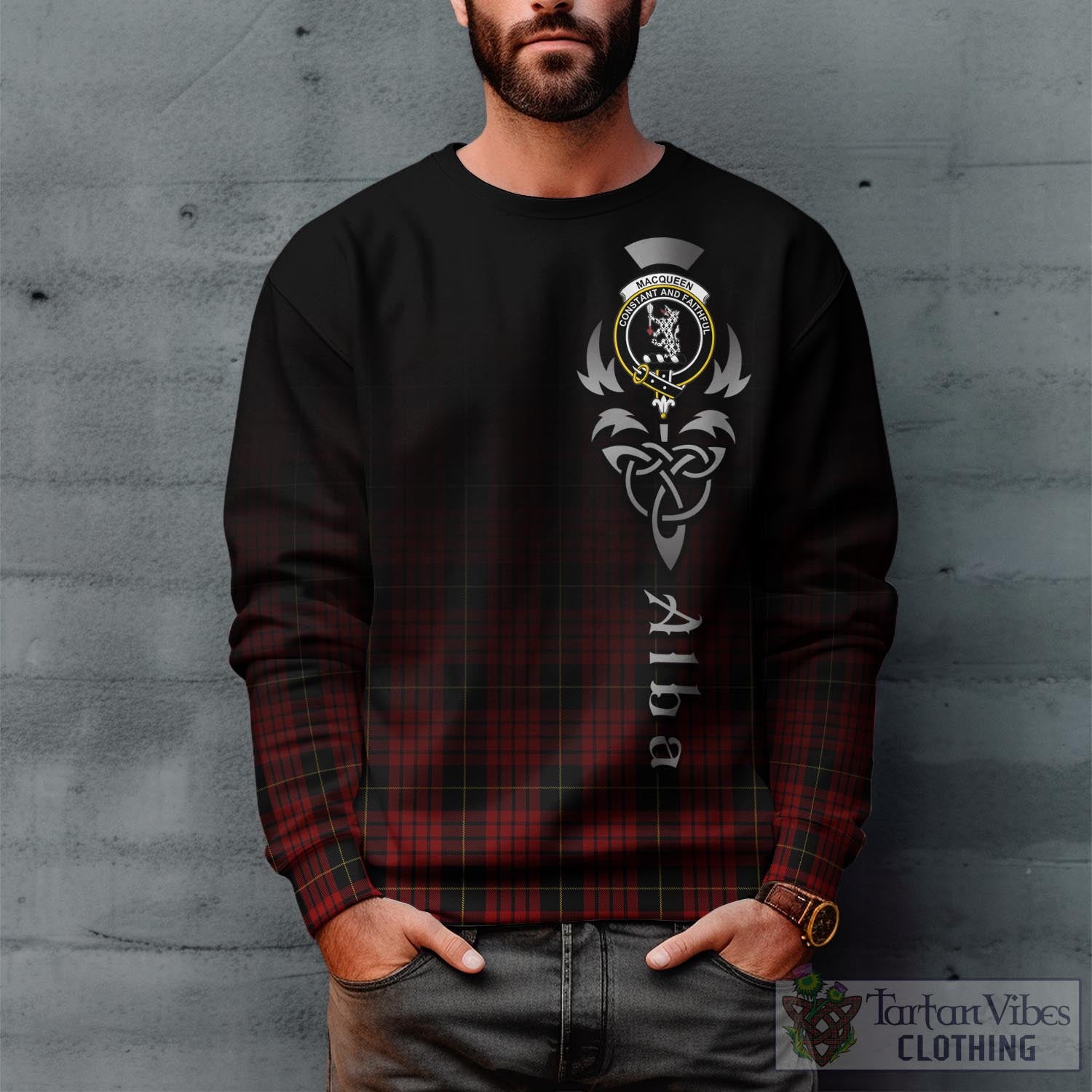 Tartan Vibes Clothing MacQueen Tartan Sweatshirt Featuring Alba Gu Brath Family Crest Celtic Inspired