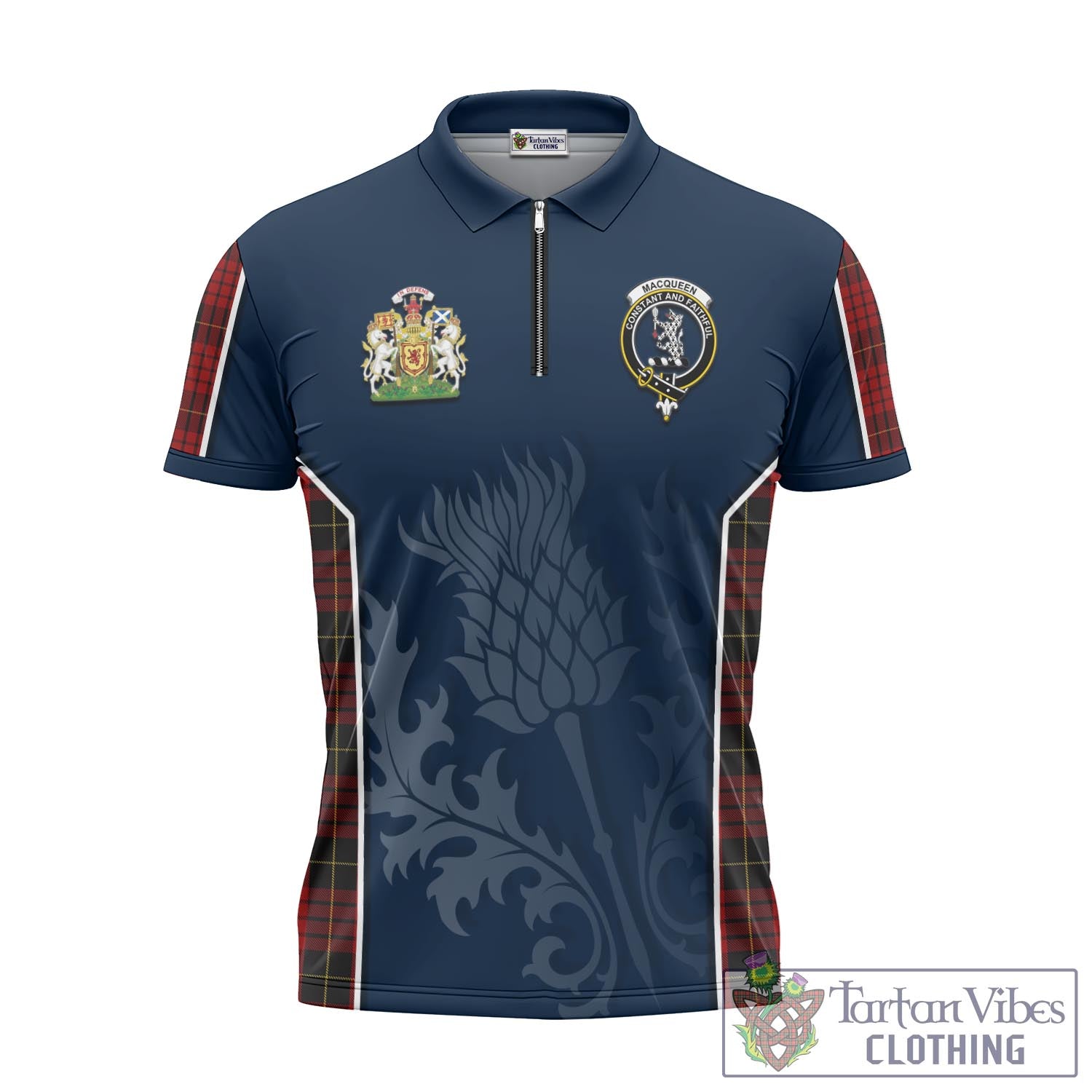 Tartan Vibes Clothing MacQueen Tartan Zipper Polo Shirt with Family Crest and Scottish Thistle Vibes Sport Style