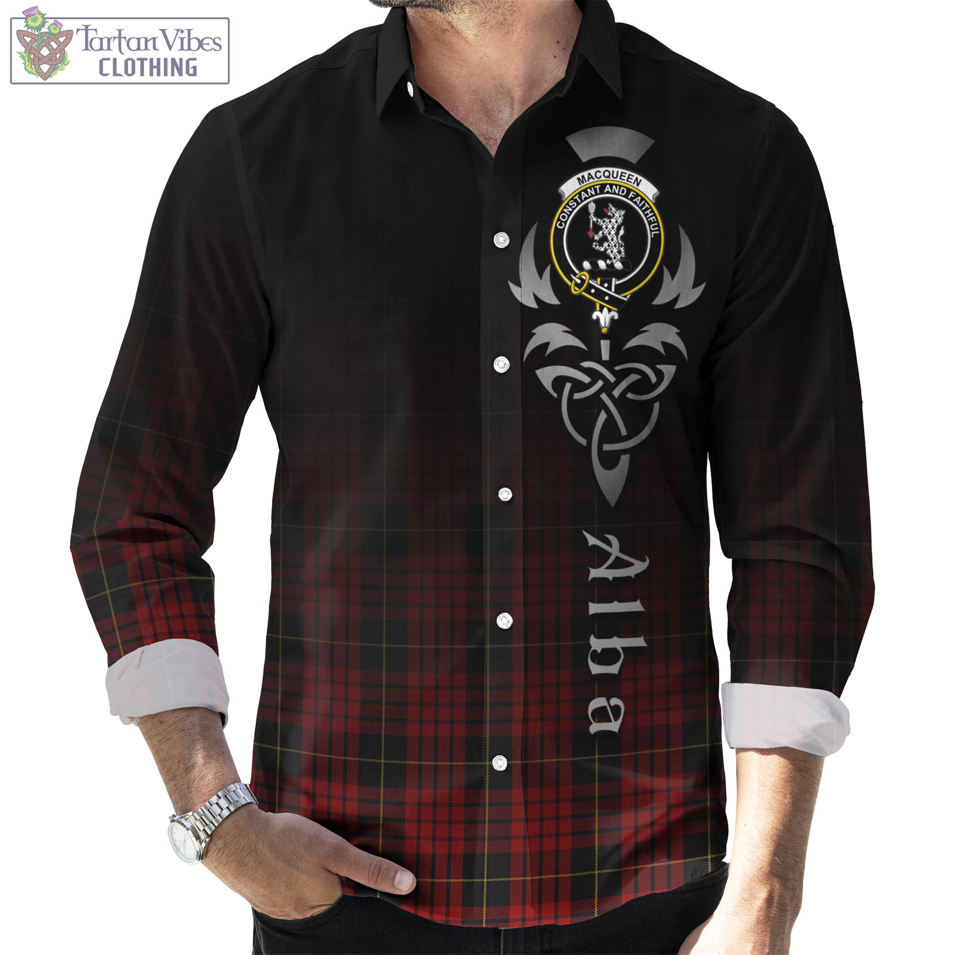 Tartan Vibes Clothing MacQueen Tartan Long Sleeve Button Up Featuring Alba Gu Brath Family Crest Celtic Inspired