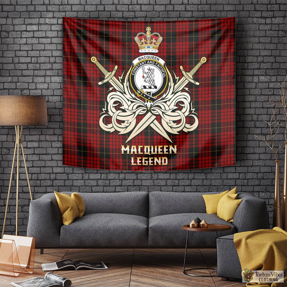 Tartan Vibes Clothing MacQueen Tartan Tapestry with Clan Crest and the Golden Sword of Courageous Legacy