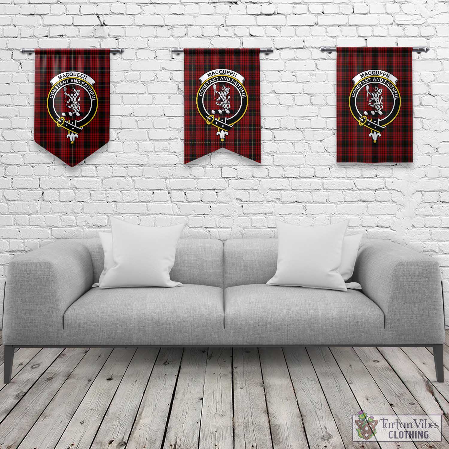 Tartan Vibes Clothing MacQueen Tartan Gonfalon, Tartan Banner with Family Crest