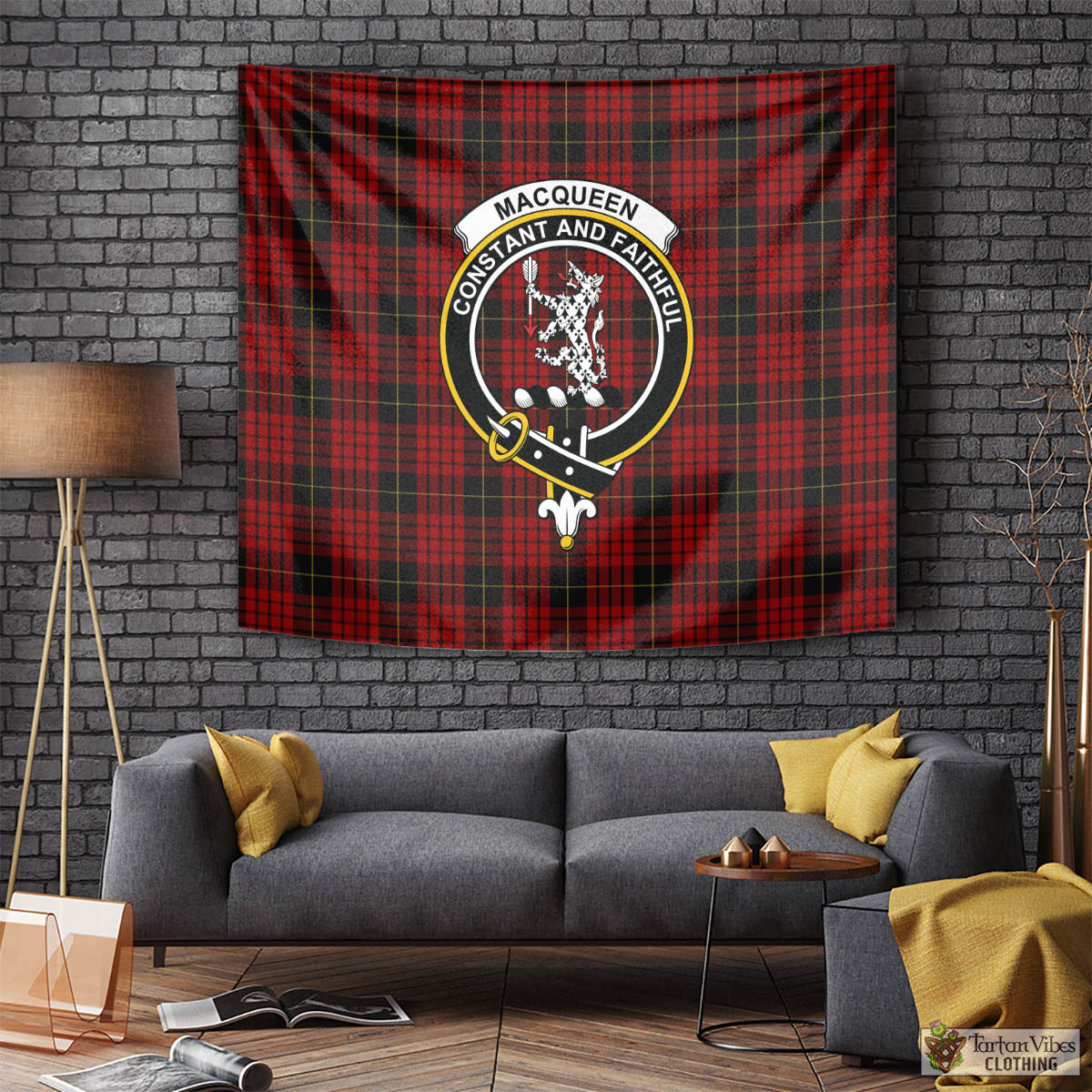 Tartan Vibes Clothing MacQueen Tartan Tapestry Wall Hanging and Home Decor for Room with Family Crest