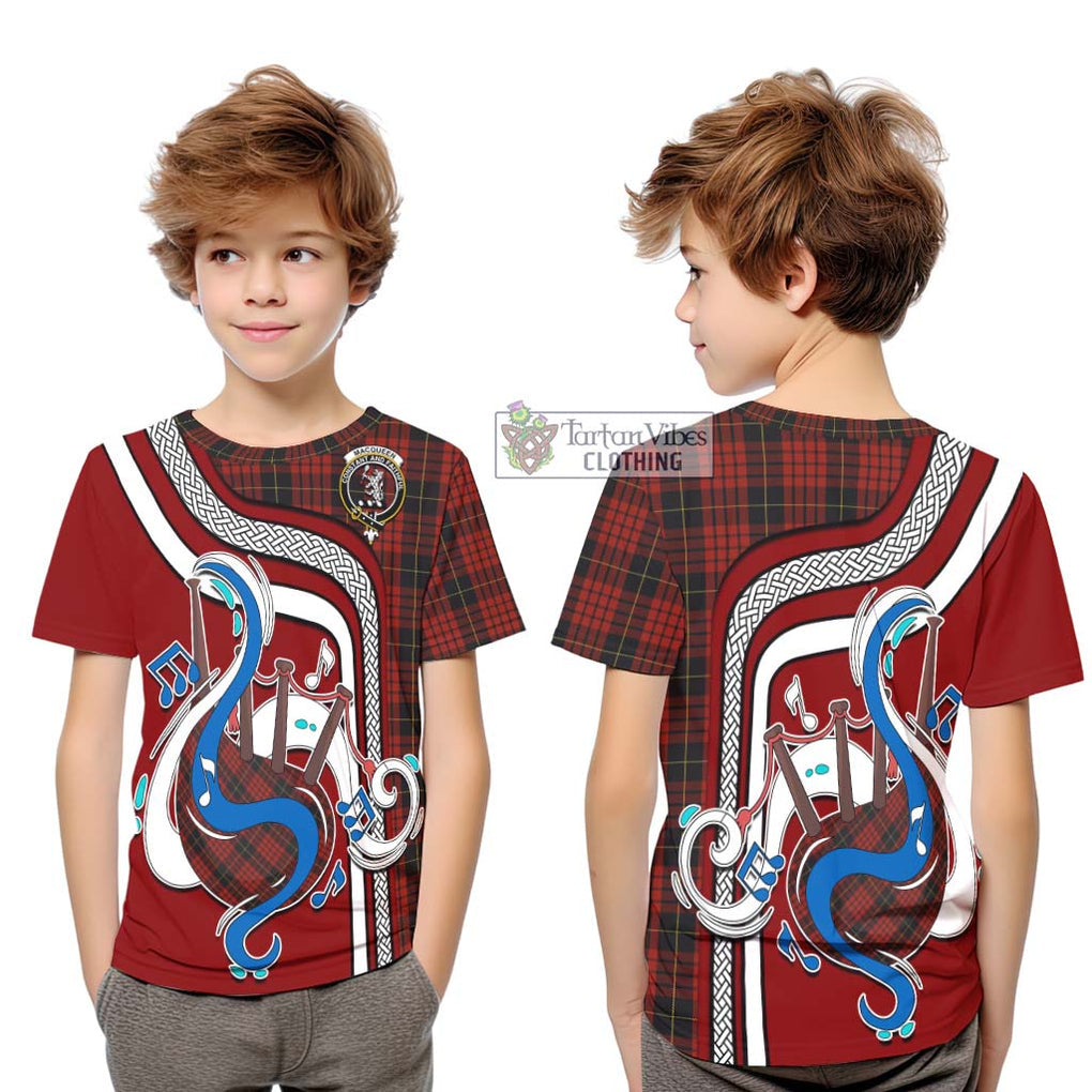 Tartan Vibes Clothing MacQueen Tartan Kid T-Shirt with Epic Bagpipe Style