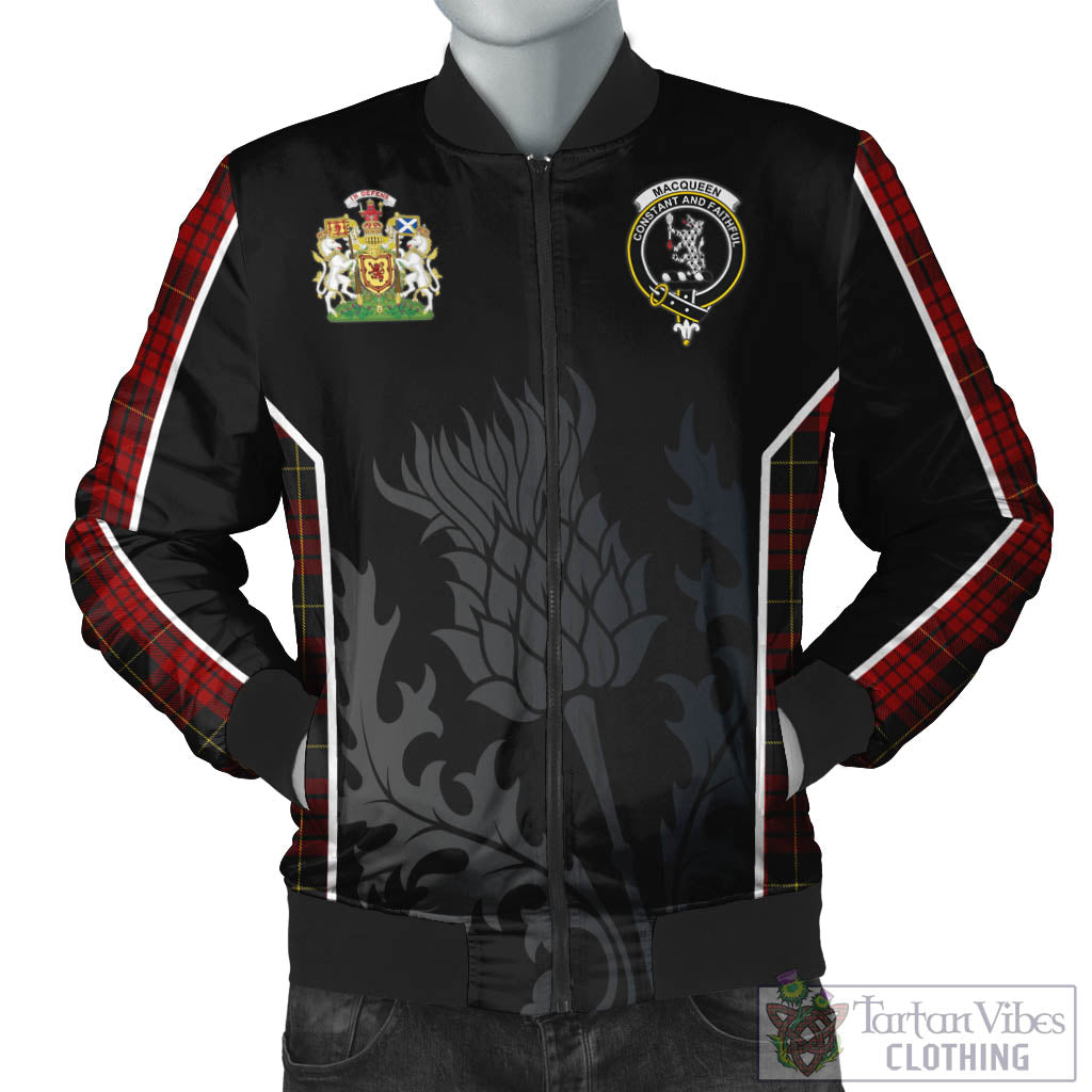 Tartan Vibes Clothing MacQueen Tartan Bomber Jacket with Family Crest and Scottish Thistle Vibes Sport Style