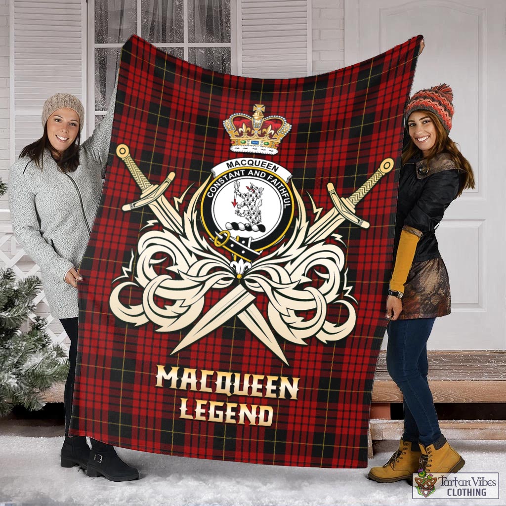 Tartan Vibes Clothing MacQueen Tartan Blanket with Clan Crest and the Golden Sword of Courageous Legacy