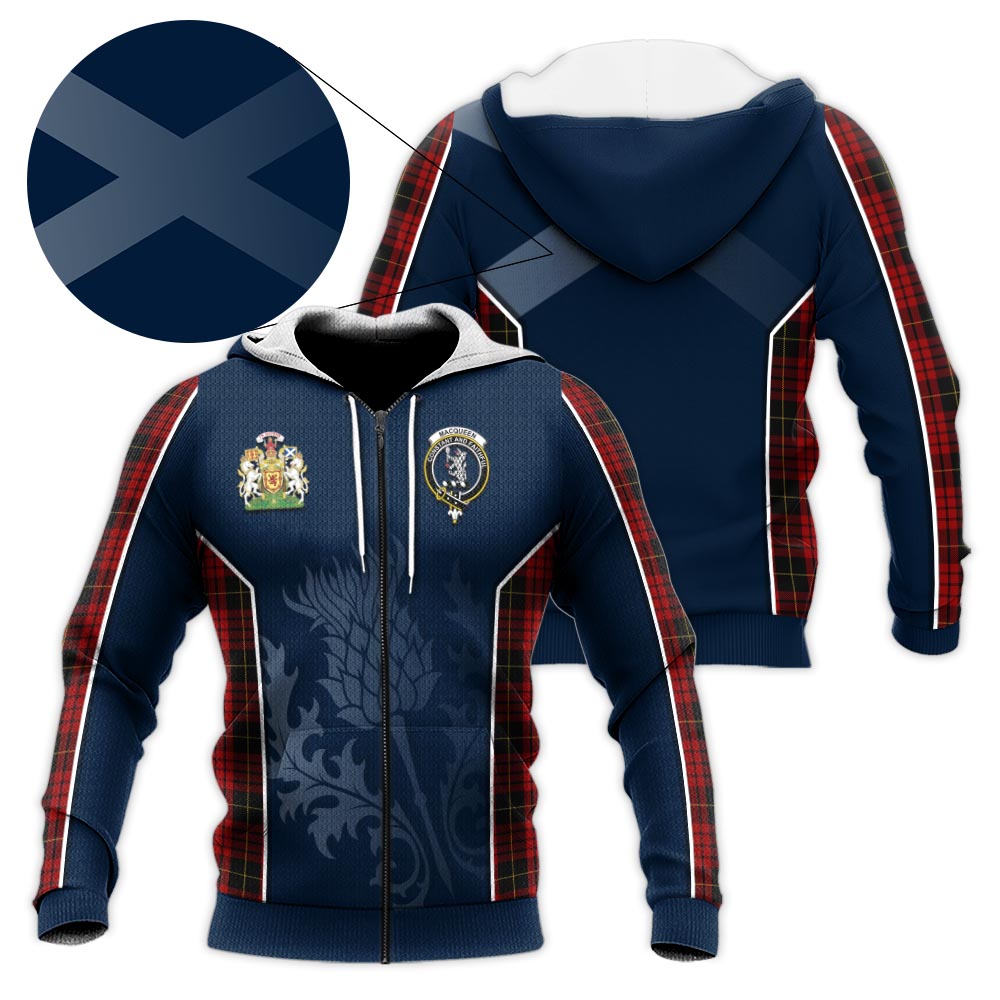 Tartan Vibes Clothing MacQueen Tartan Knitted Hoodie with Family Crest and Scottish Thistle Vibes Sport Style