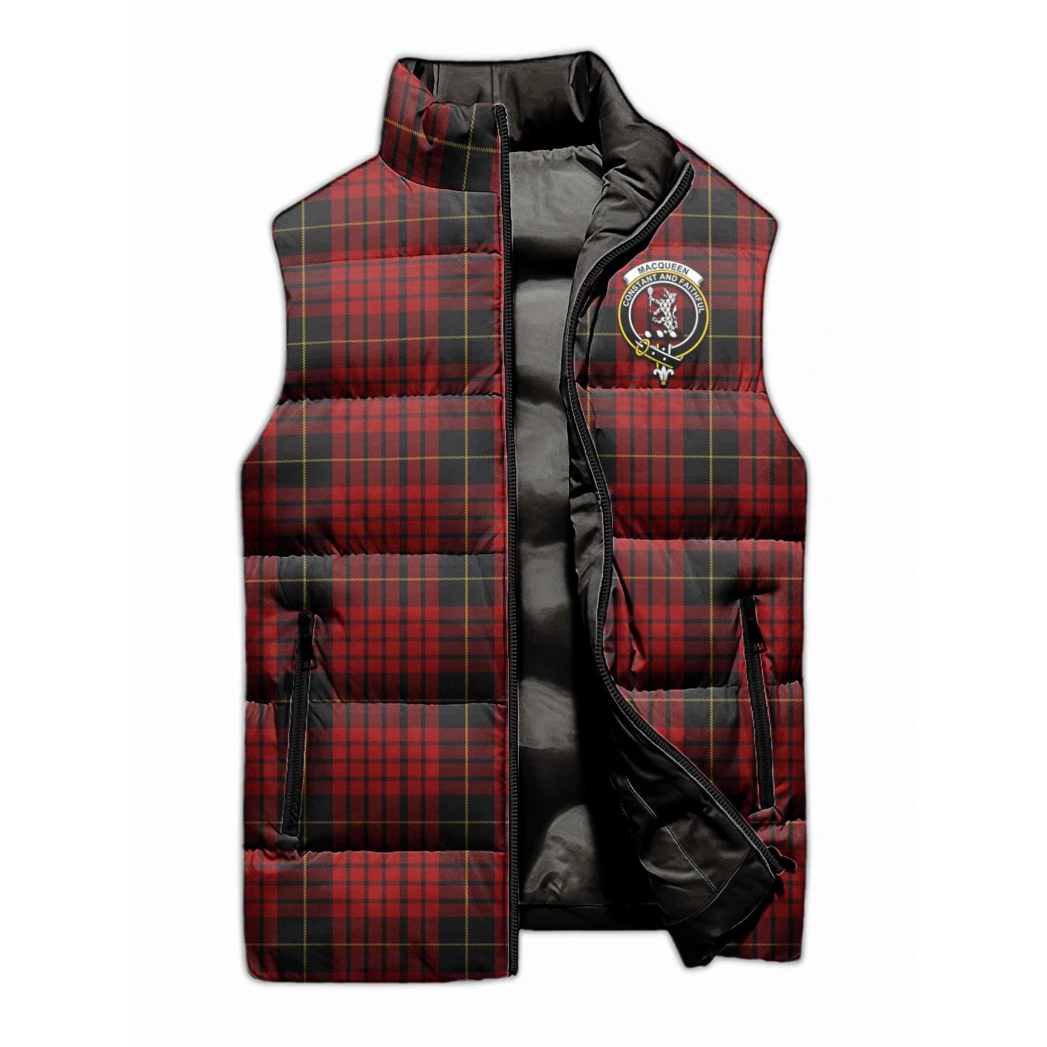 MacQueen Tartan Sleeveless Puffer Jacket with Family Crest - Tartanvibesclothing