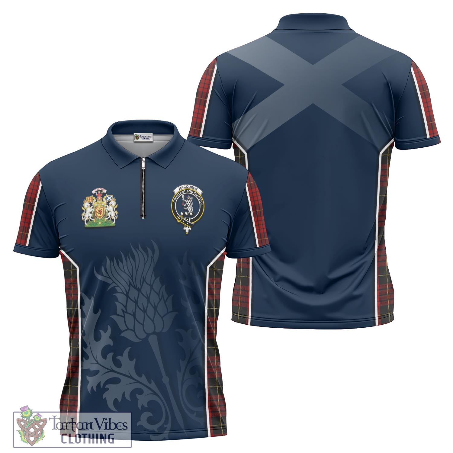 Tartan Vibes Clothing MacQueen Tartan Zipper Polo Shirt with Family Crest and Scottish Thistle Vibes Sport Style