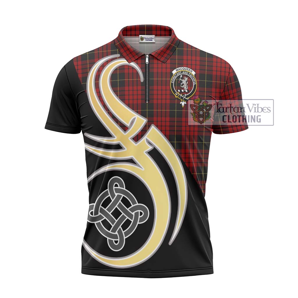 Tartan Vibes Clothing MacQueen Tartan Zipper Polo Shirt with Family Crest and Celtic Symbol Style