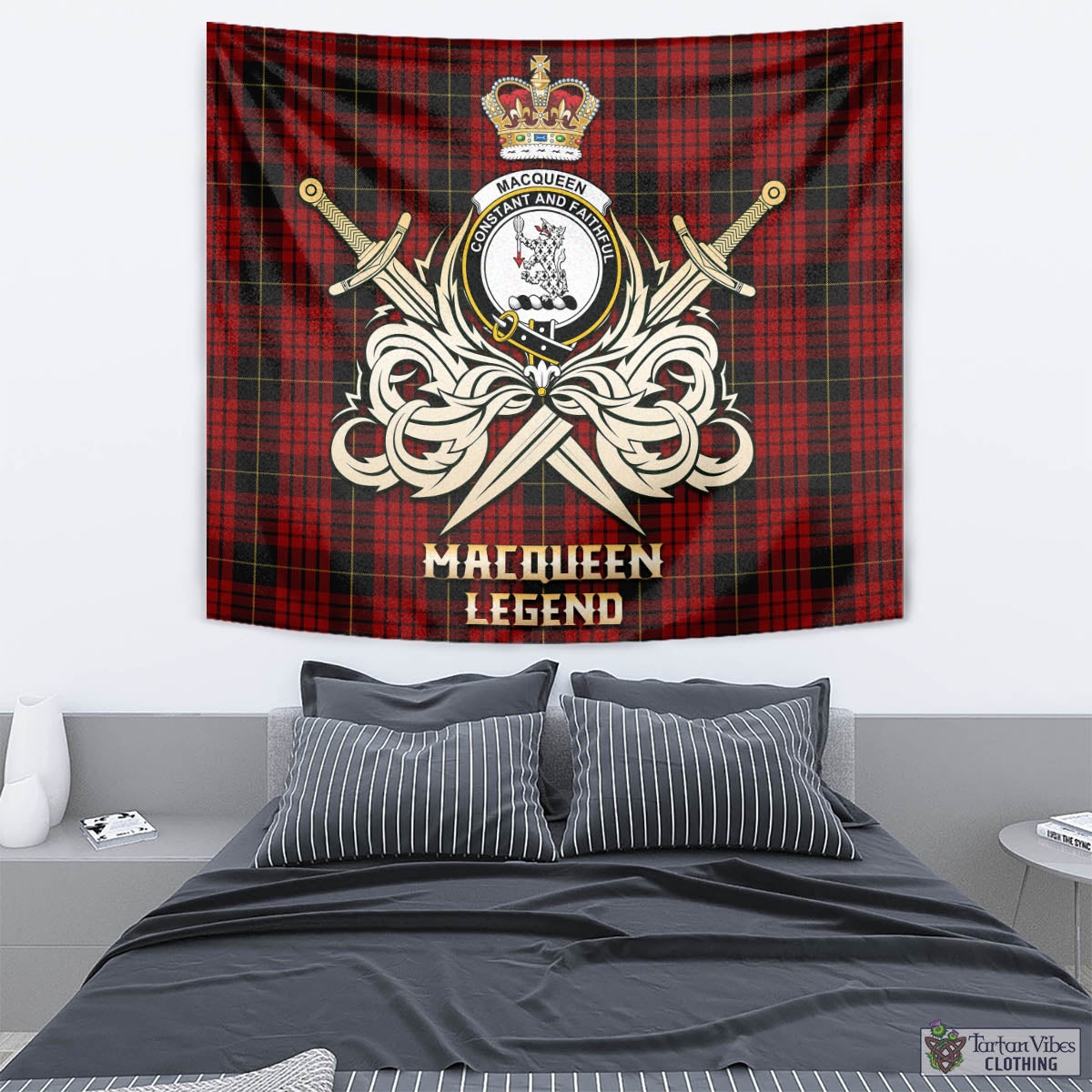 Tartan Vibes Clothing MacQueen Tartan Tapestry with Clan Crest and the Golden Sword of Courageous Legacy