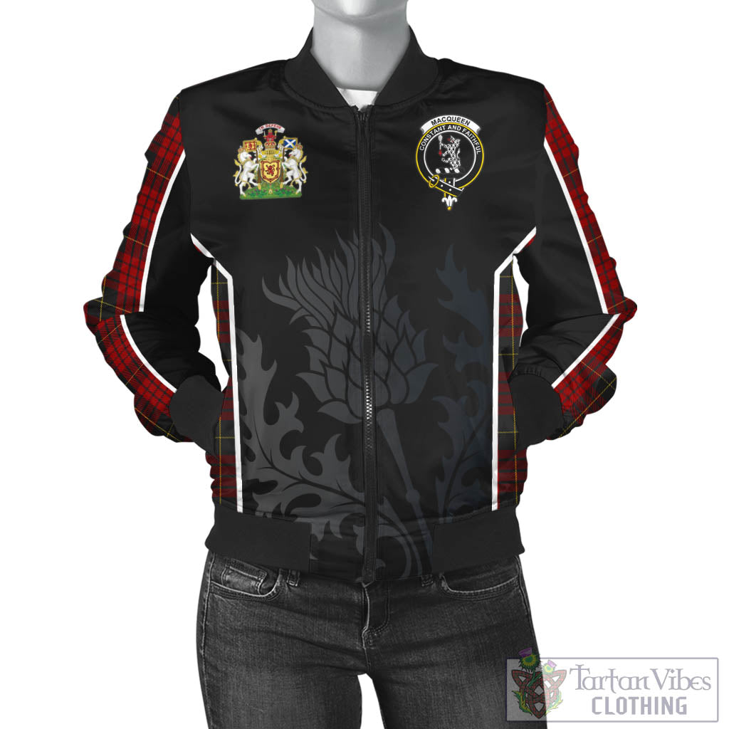 Tartan Vibes Clothing MacQueen Tartan Bomber Jacket with Family Crest and Scottish Thistle Vibes Sport Style